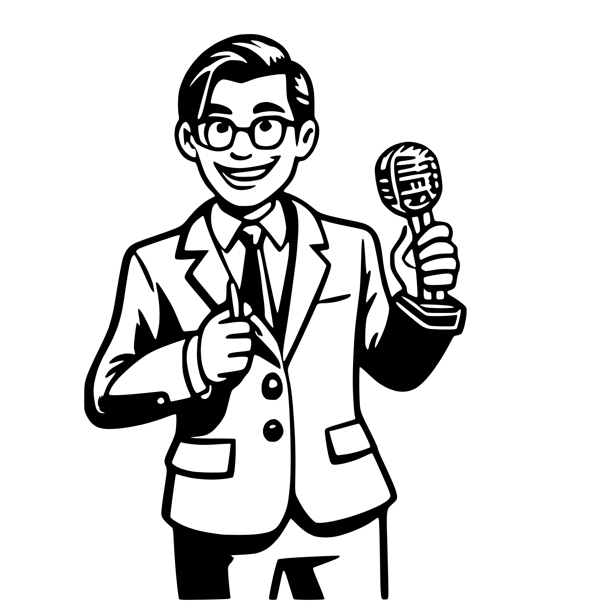 AI-generated SVG of a A clean, professional cartoon-style vector illustration of a confident male presenter holding a retro microphone. He has neatly styled black hair, wearing rectangular glasses, a dark gray suit, a white shirt, and a red tie with a matching red pocket square. He is smiling, facing slightly to the left, with a cheerful and energetic expression. The background is transparent or plain white. The artwork is polished, bold-lined, with smooth shading and a modern, digital vector art style.