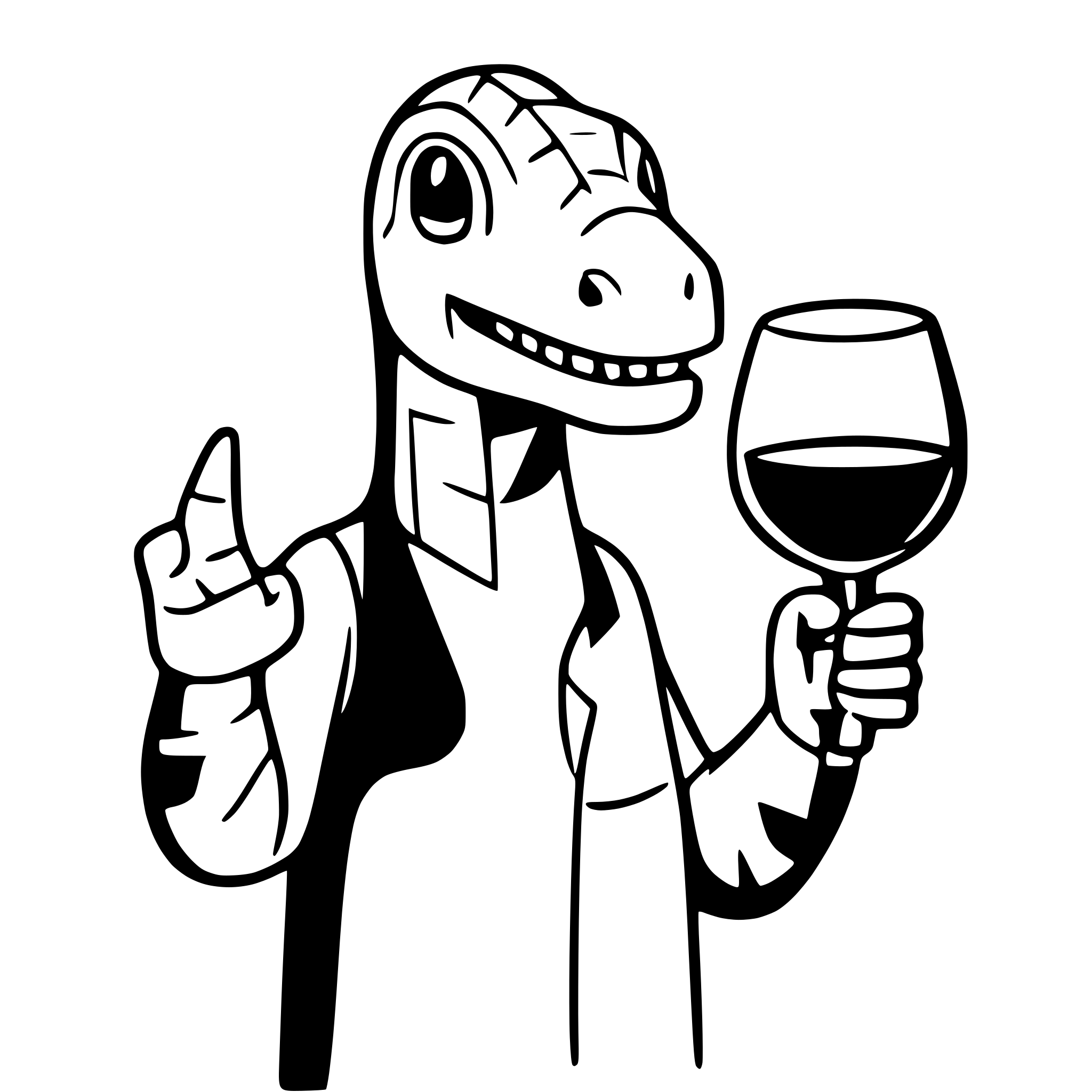AI-generated SVG of a dinosaur with a glss of wine in the hand