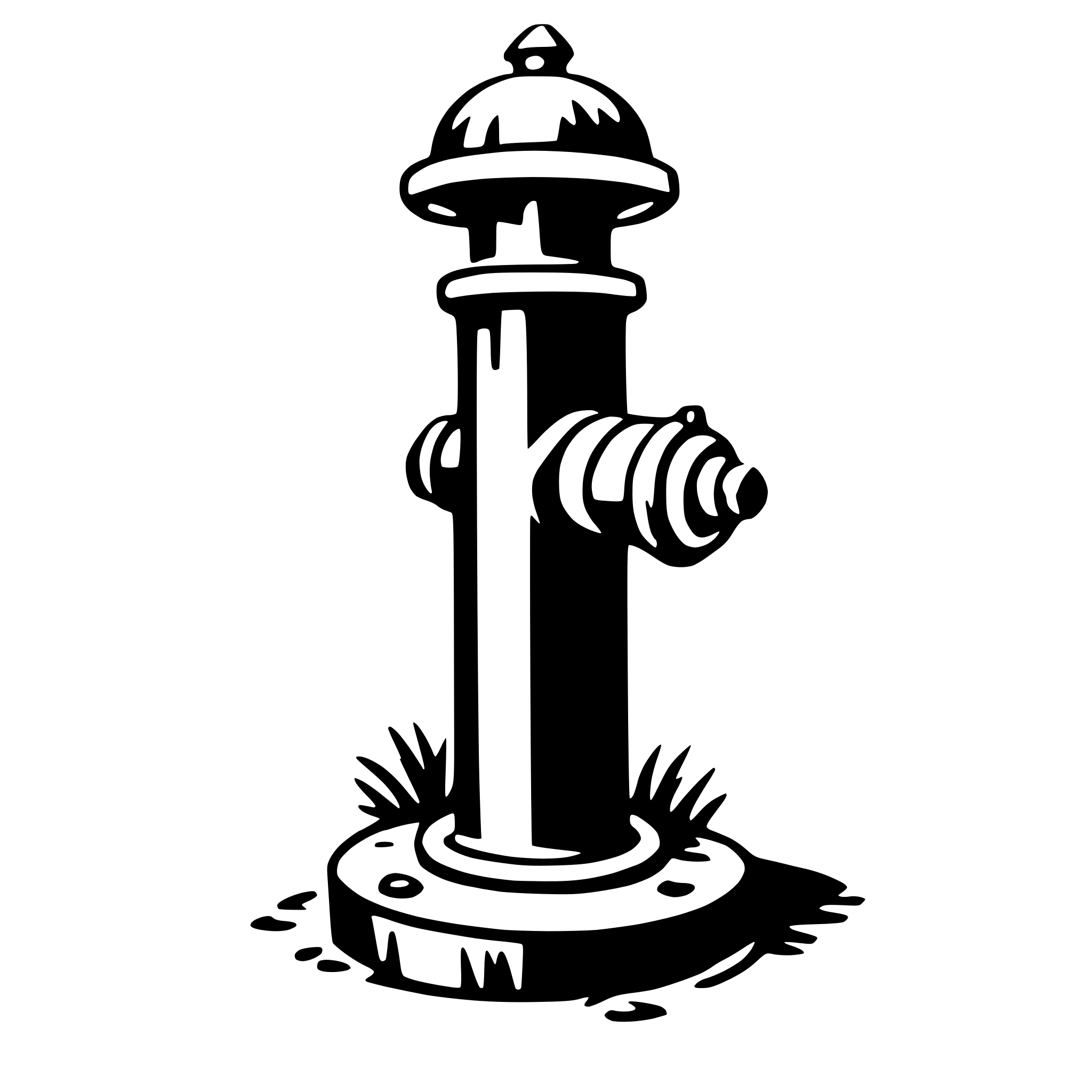 The SVG shows a black and white line drawing of a fire hydrant. The hydrant has a cylindrical body with a flared base, a central spout, and two side nozzles. The top of the hydrant is capped with a rounded dome. The hydrant is depicted with a slight shadow on the ground, suggesting it is standing on a surface. There are no visible texts or other objects in the SVG. The hydrant is the central focus of the SVG, and there is no interaction between objects as it is a single object depicted in isolation. 