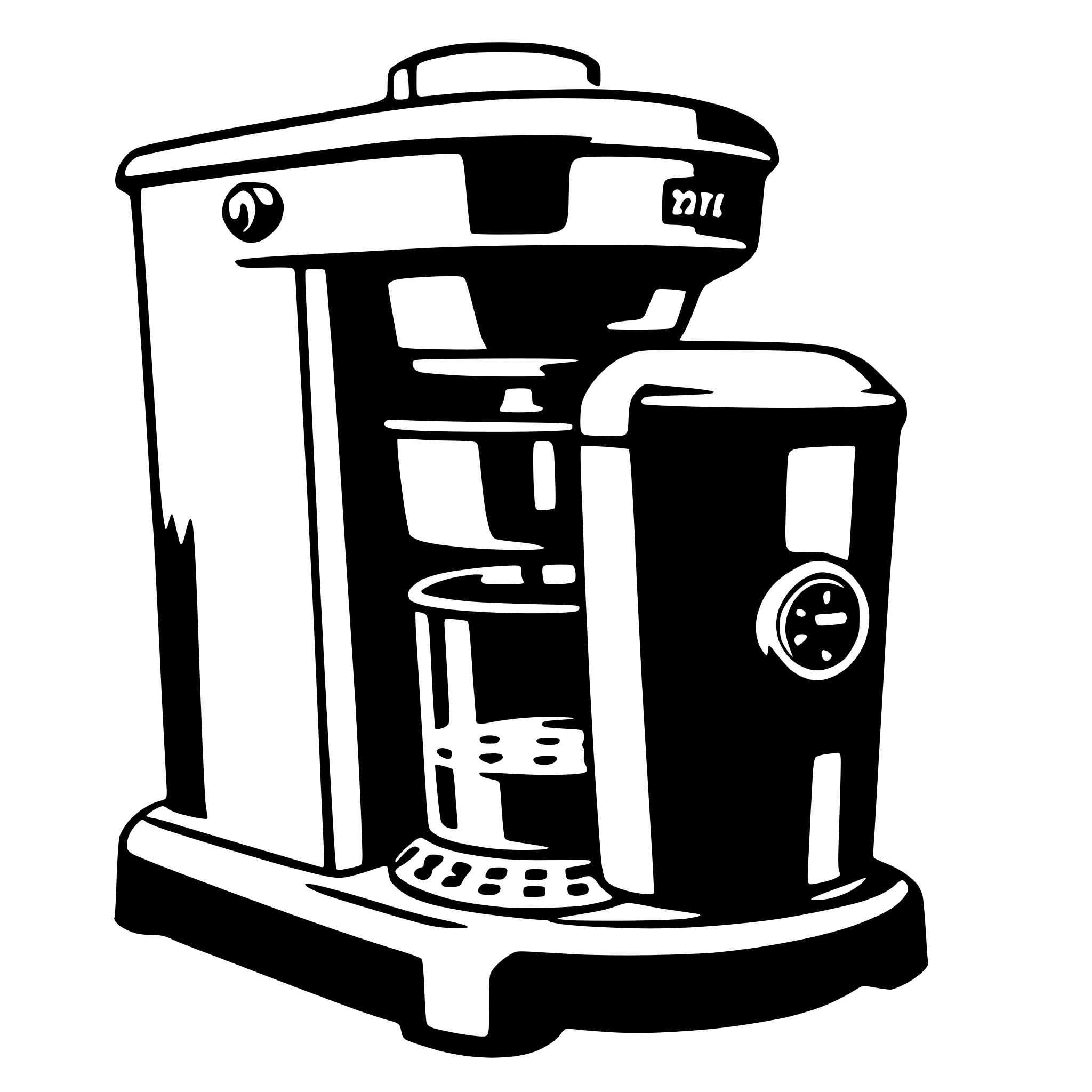 The SVG depicts a simple, stylized coffee maker with a glass carafe. The coffee maker has a cylindrical body with a flat base, a spout at the top, and a handle on the side. The glass carafe is attached to the coffee maker, and there is a visible spout at the bottom of the carafe. The design is minimalistic, with no additional details or text. The coffee maker appears to be a single-serve or drip coffee maker, commonly used in households and offices. 