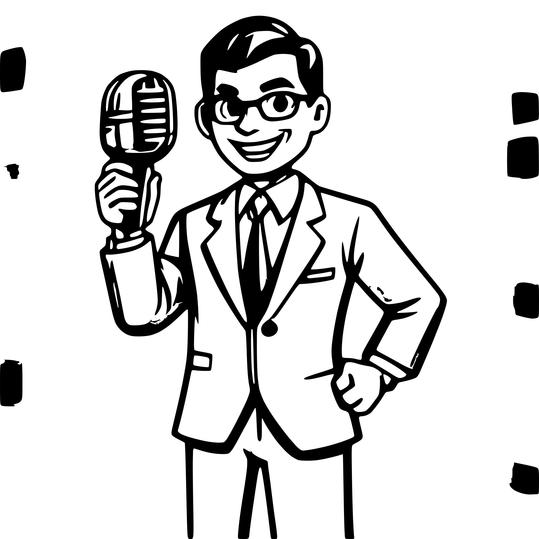 AI-generated SVG of a A clean, professional cartoon-style vector illustration of a confident male presenter holding a retro microphone. He has neatly styled black hair, wearing rectangular glasses, a dark gray suit, a white shirt, and a red tie with a matching red pocket square. He is smiling, facing slightly to the left, with a cheerful and energetic expression. The background is transparent or plain white. The artwork is polished, bold-lined, with smooth shading and a modern, digital vector art style.