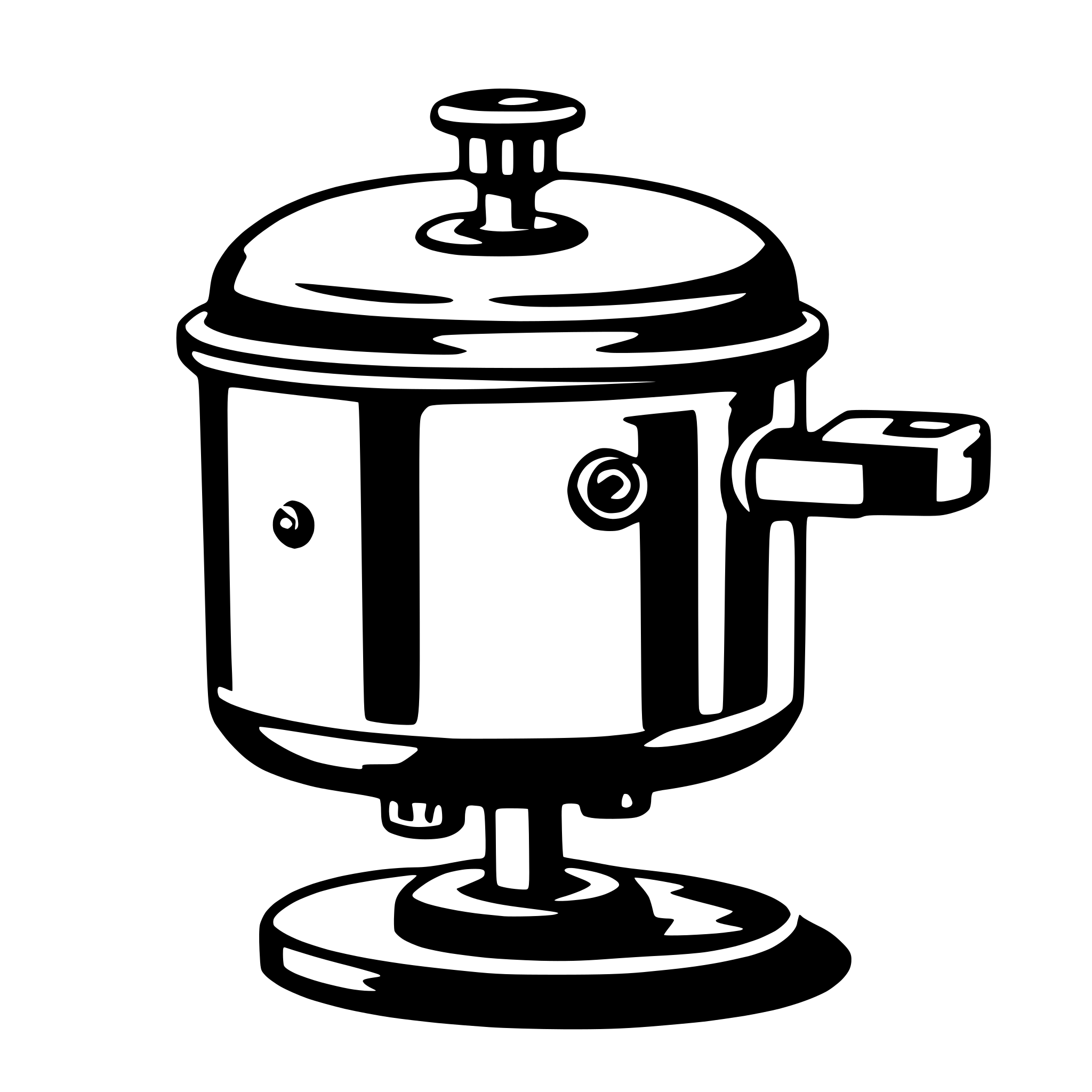 The SVG depicts a simple, stylized illustration of a pressure cooker. The pressure cooker has a cylindrical body with a rounded top and a flared base, which is typical for this type of kitchen appliance. It features a visible pressure release valve on the front, which is a key component for safety and pressure regulation. The handle on the side is designed for gripping and lifting the pressure cooker. The illustration is minimalistic, with no additional textures or details, focusing on the basic shapes and lines to convey the object. 