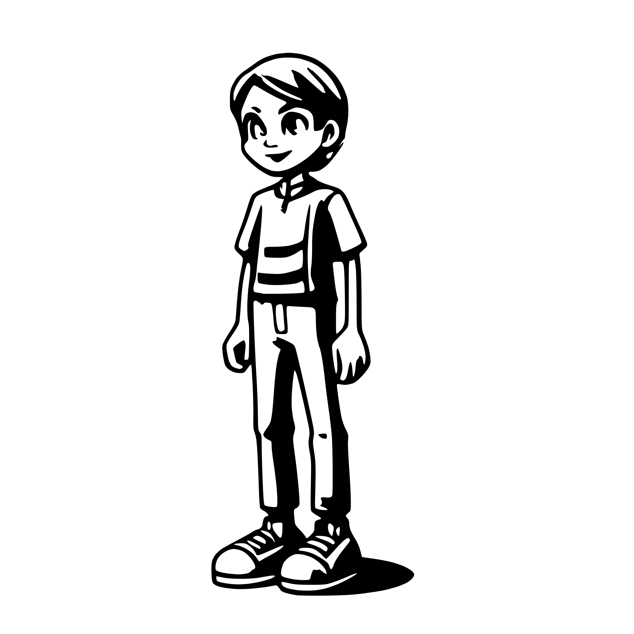 AI-generated SVG of a Short man , skinny, round eyes, red hair, orange t shirt, gray pants, white background, Pixar style, standing front back side poses