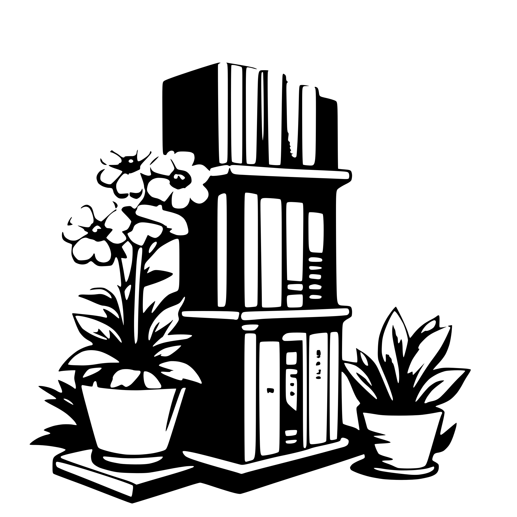 AI-generated SVG of '11 books vertical on shelf with surrounding flowers'