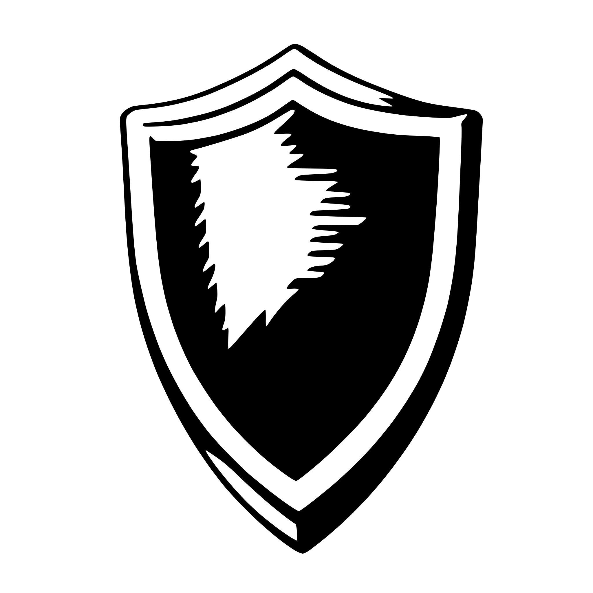 The SVG displays a stylized shield graphic. The shield is outlined in black and filled with a white interior. It features a pointed top and a curved bottom, with a central, elongated, and jagged design that resembles a lightning bolt or a stylized mountain peak. The shield is set against a plain white background. There are no texts or additional elements present in the SVG. The shield is the central and only object in the SVG, and there is no interaction between objects as it is a single, isolated graphic. 