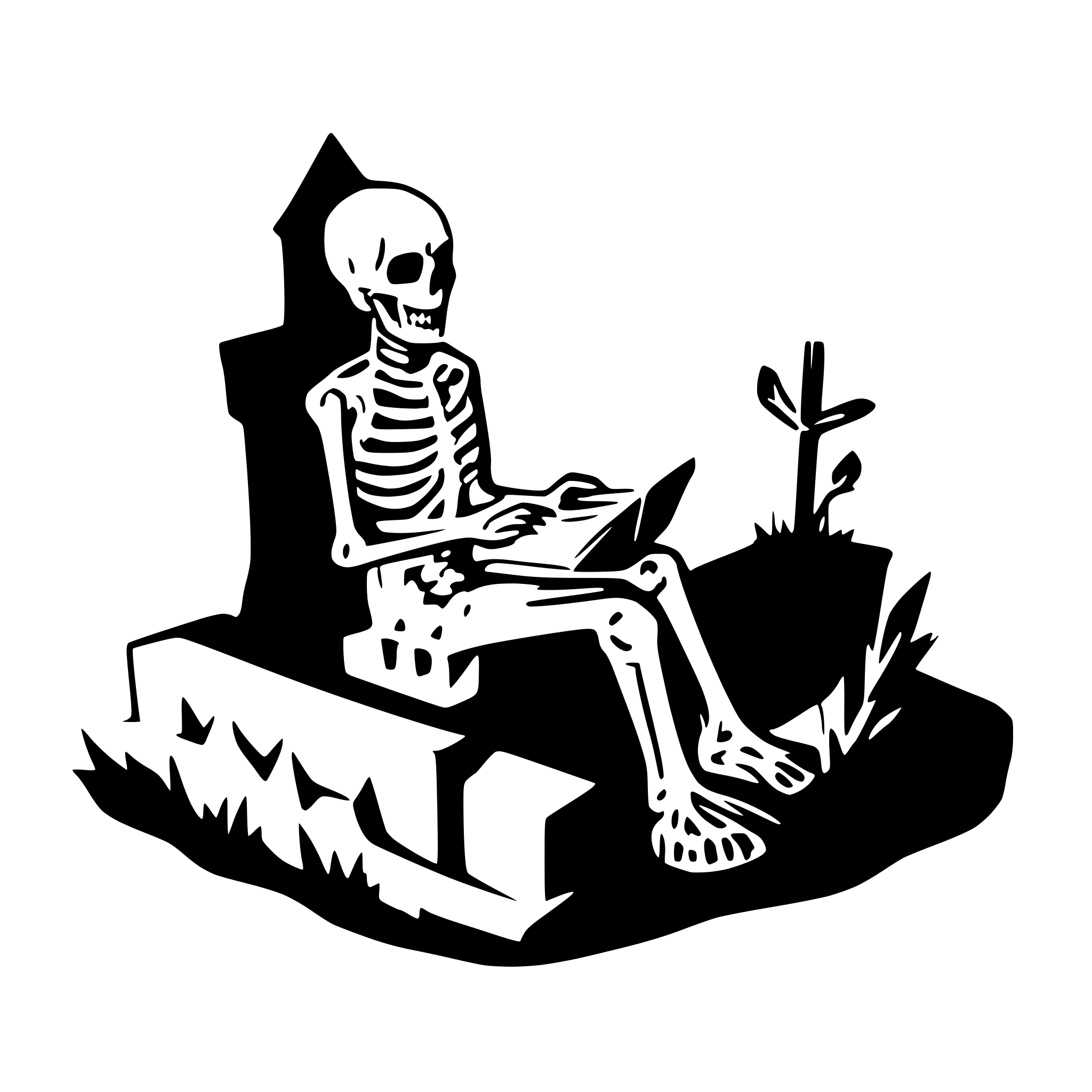 AI-generated SVG of a a skeleton sitting on a grave an reading
