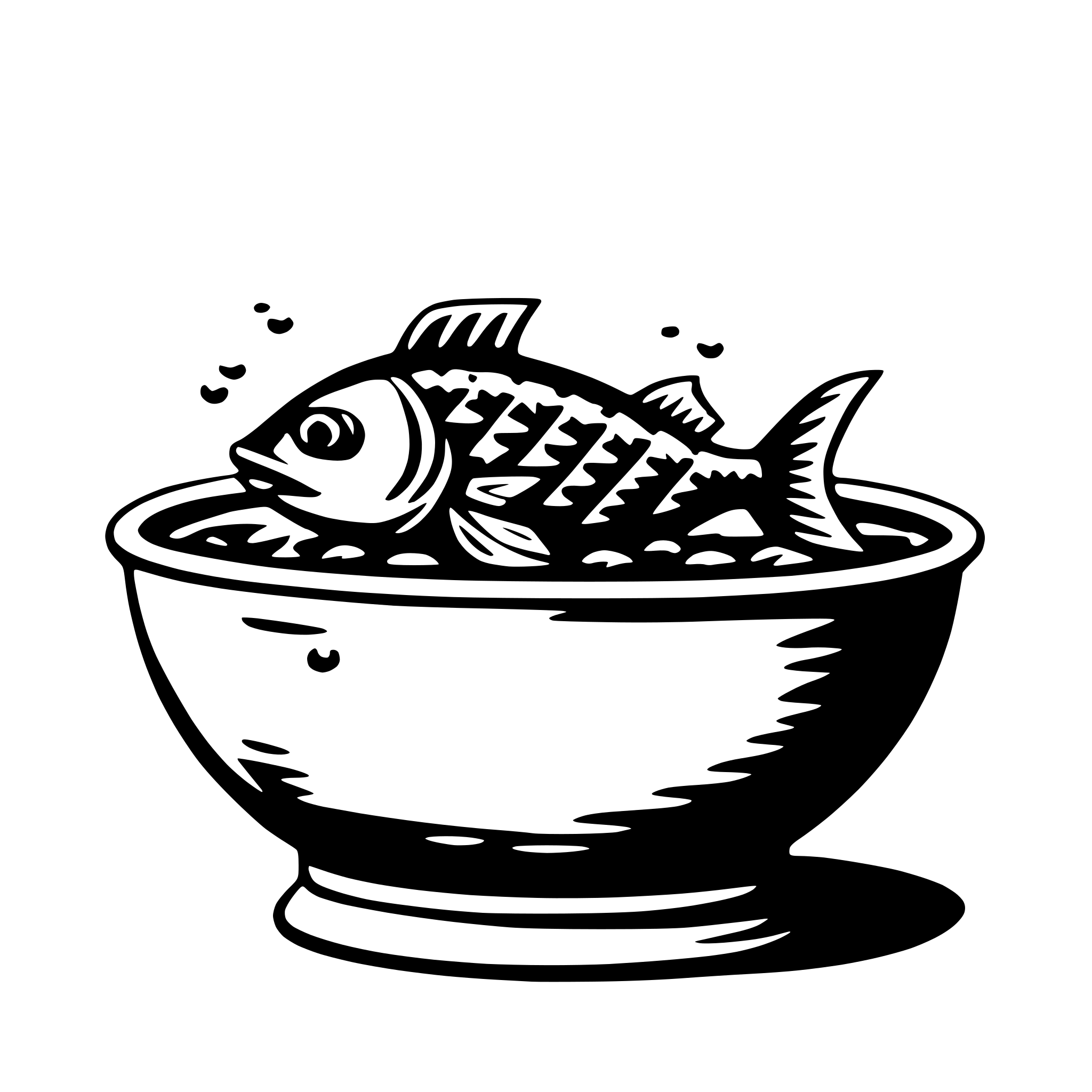 The SVG depicts a stylized black and white illustration of a fish inside a bowl. The fish is oriented horizontally, with its body and tail visible, and it appears to be swimming or floating within the bowl. The bowl has a simple, rounded shape with a small handle on one side, and it is placed on a flat surface. The style of the illustration is reminiscent of a line drawing, with solid black outlines and white interior spaces. There are no texts or additional elements in the SVG. 