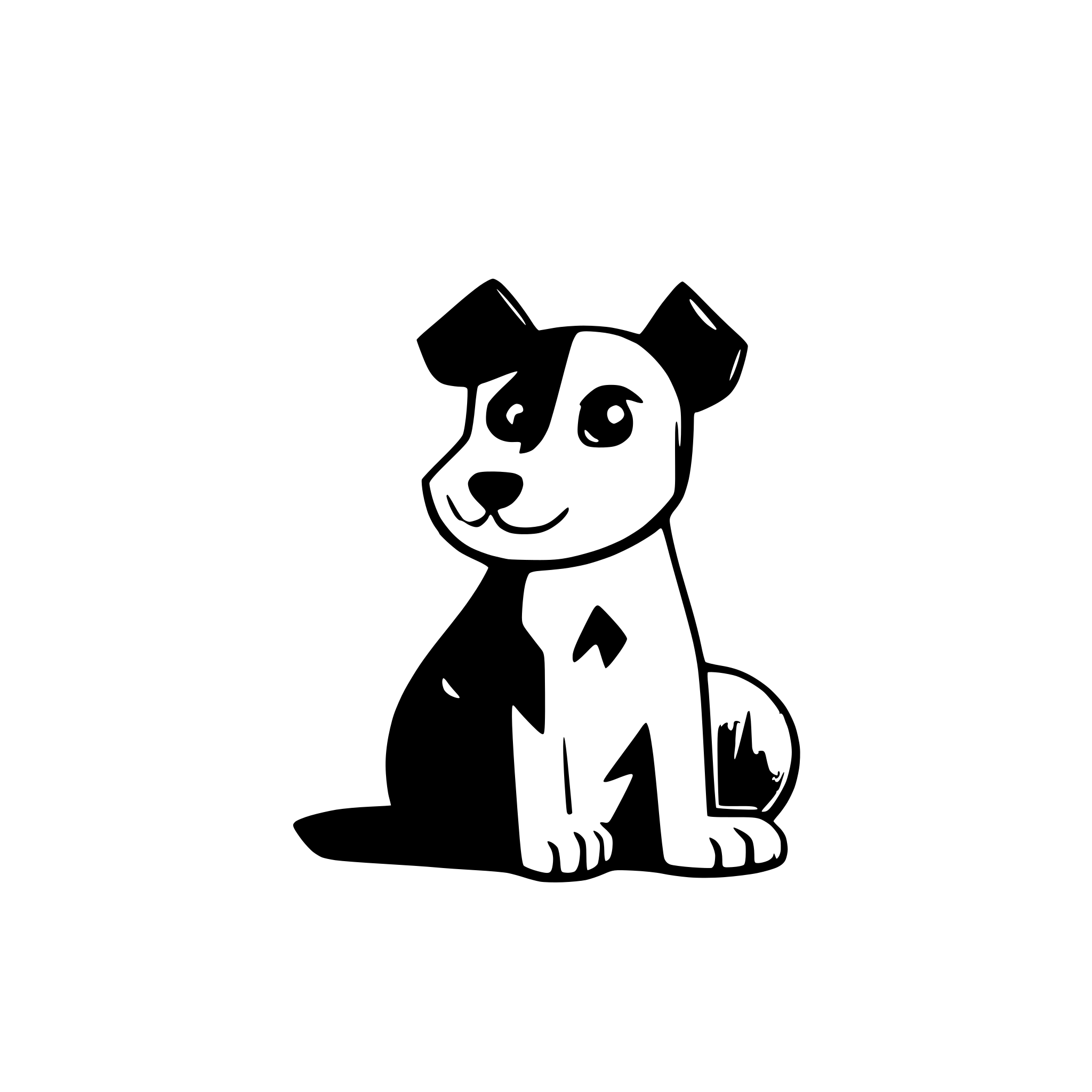 AI-generated SVG of a Cartoon black and white terrier with orange collar on blue wavy background, vector art style, geometric shapes, flat design
