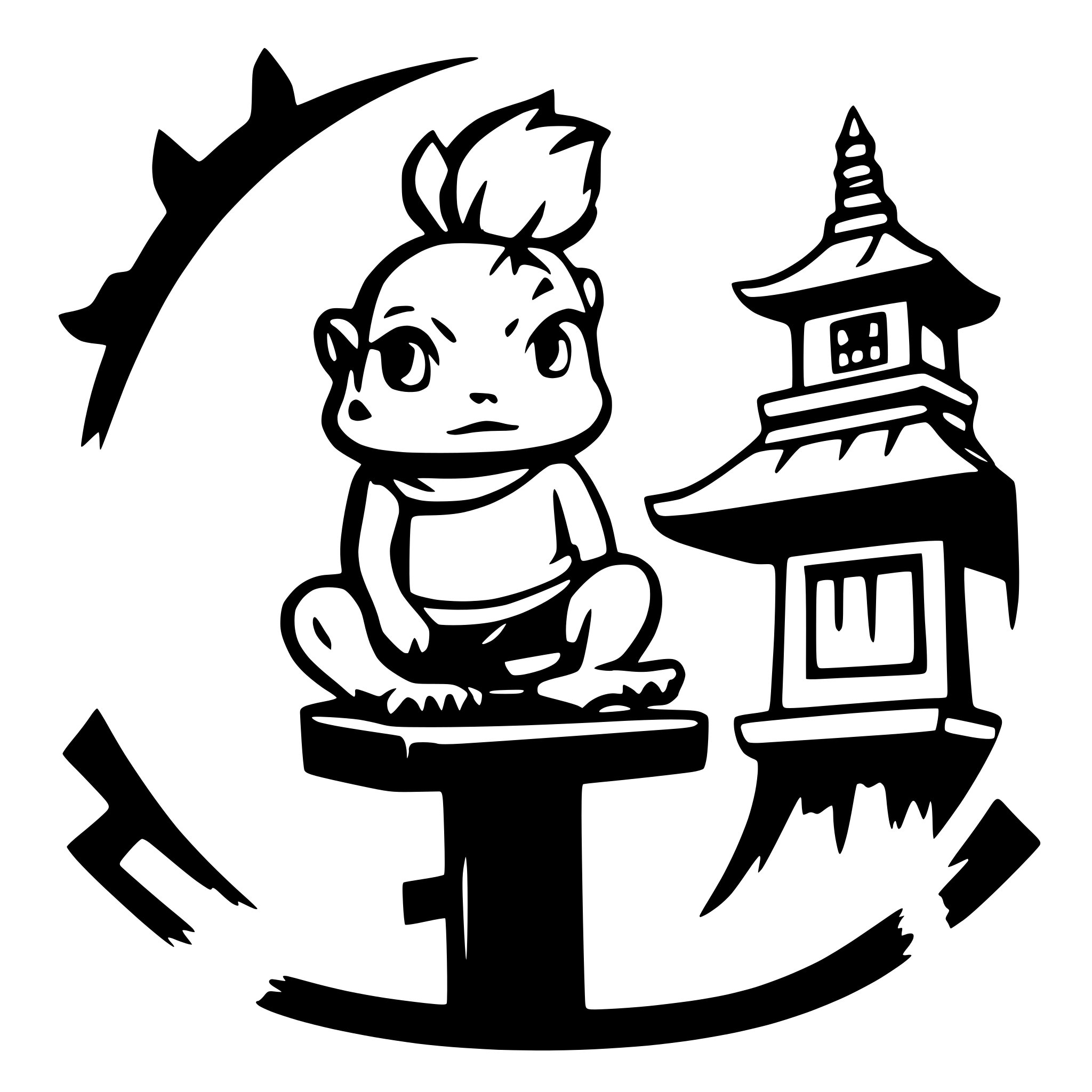 AI-generated SVG of 'A black logo spelled "Bufo Supreme", with a SAMURAI bufo frog, with a blonde mohawk, sitting on top of the letters, with a japanese temple in the background.'
