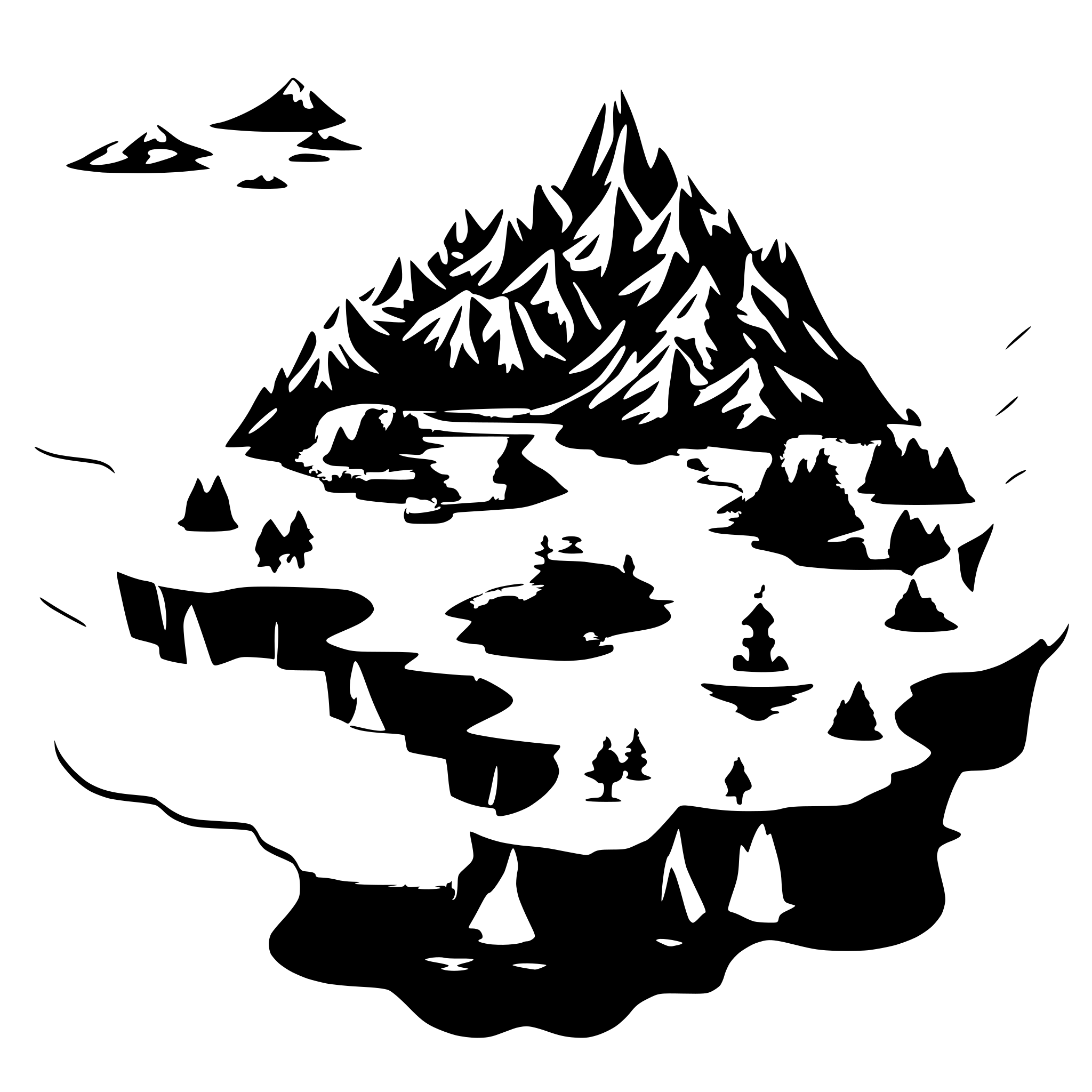 AI-generated SVG of 'Create an image of a fantasy map with 10 provinces. One of them is a island and one of the others has a big lake and other a big white mountain. I want svg format'