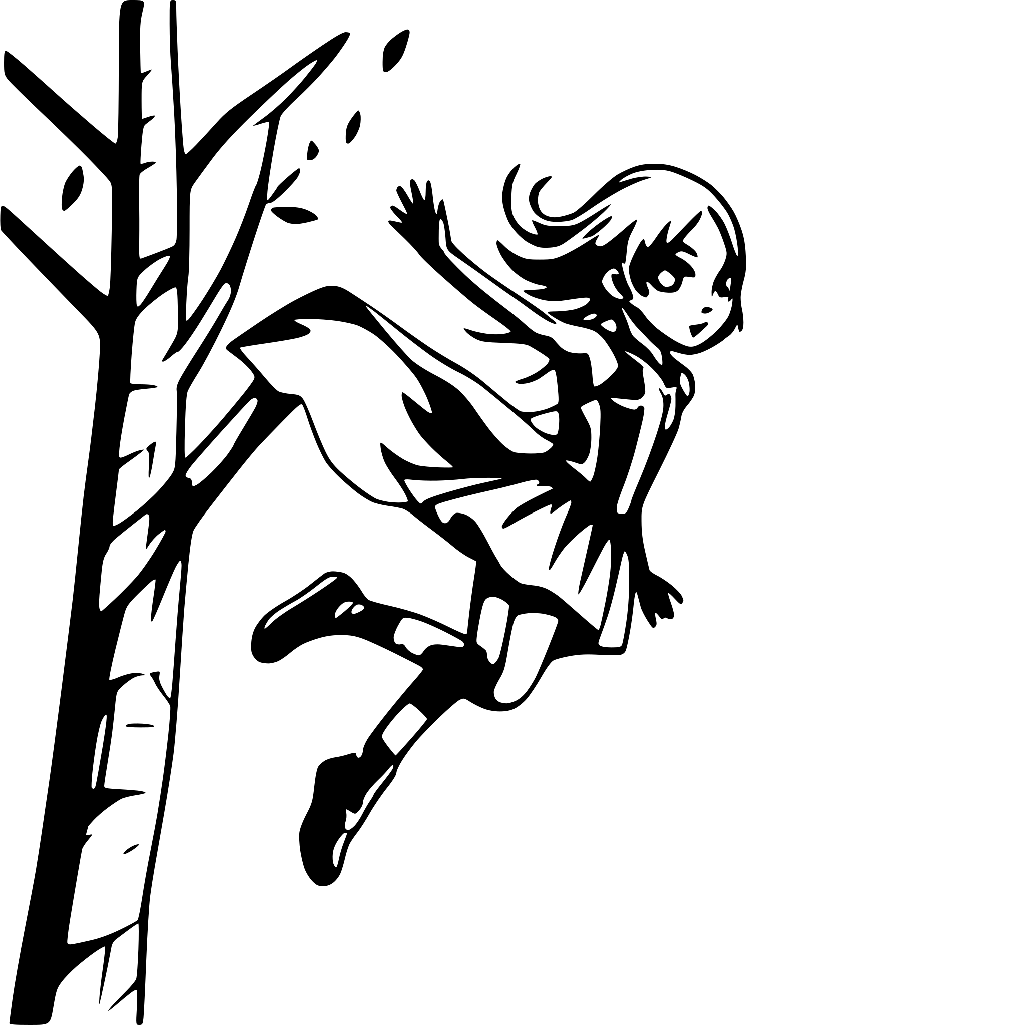 AI-generated SVG of a A superhero girl wearing tight clothes is flying but her skirt stucked to tree and its possible to  be taked off