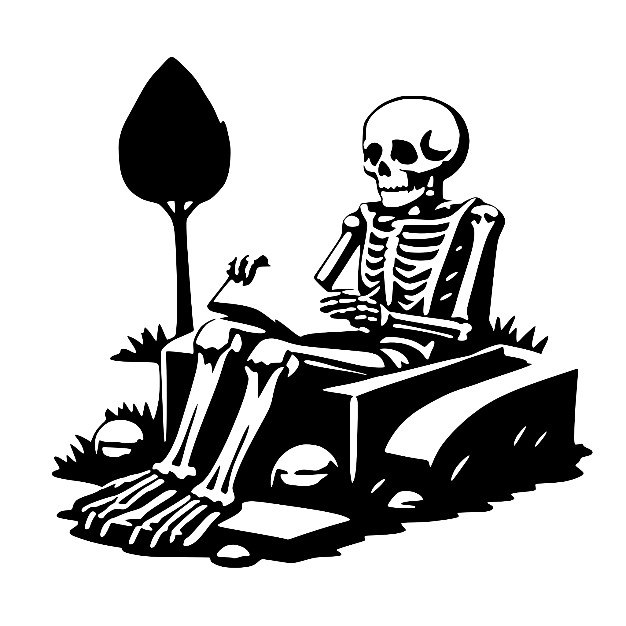AI-generated SVG of a a skeleton reading on a grave