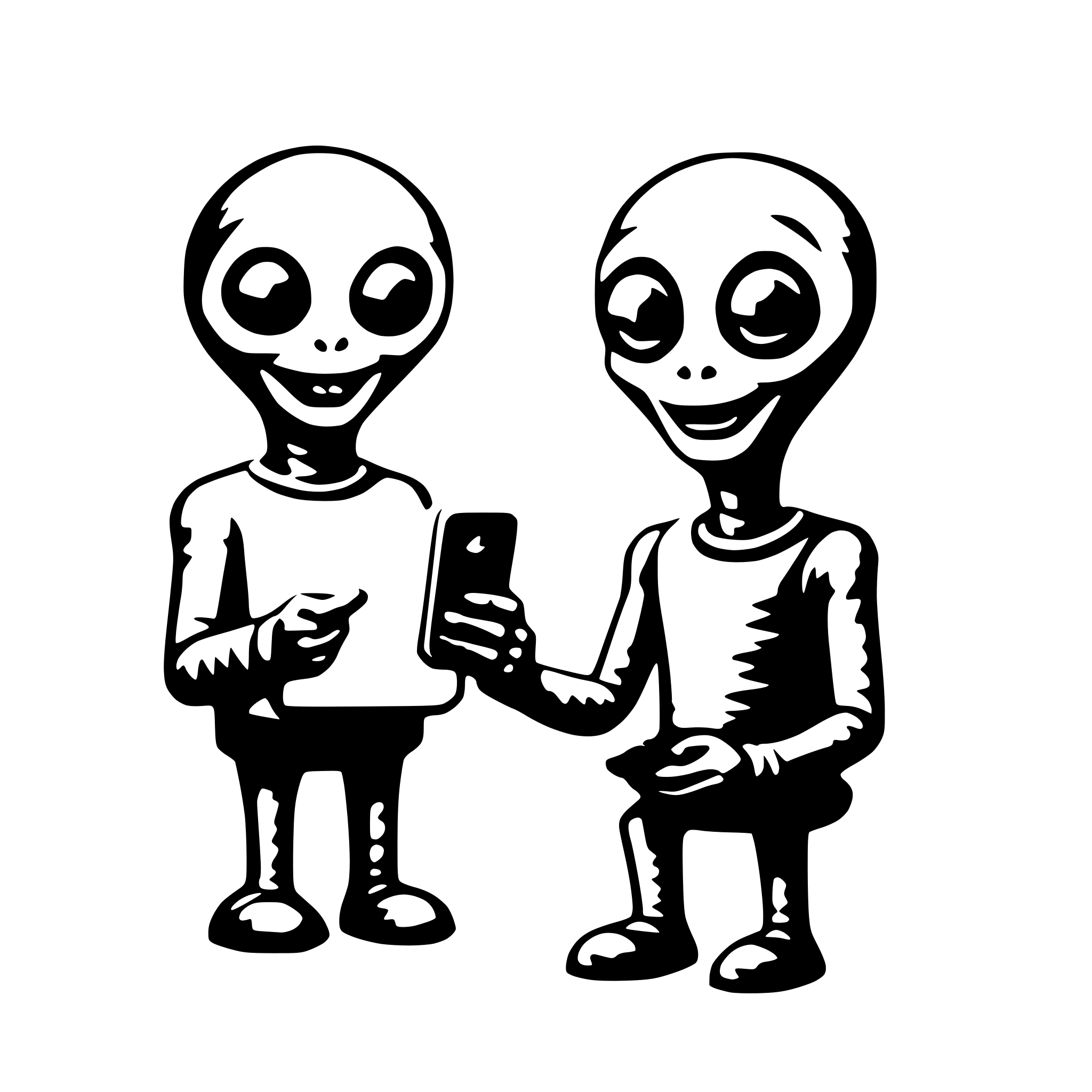 AI-generated SVG of a friendly alien with smartphone
