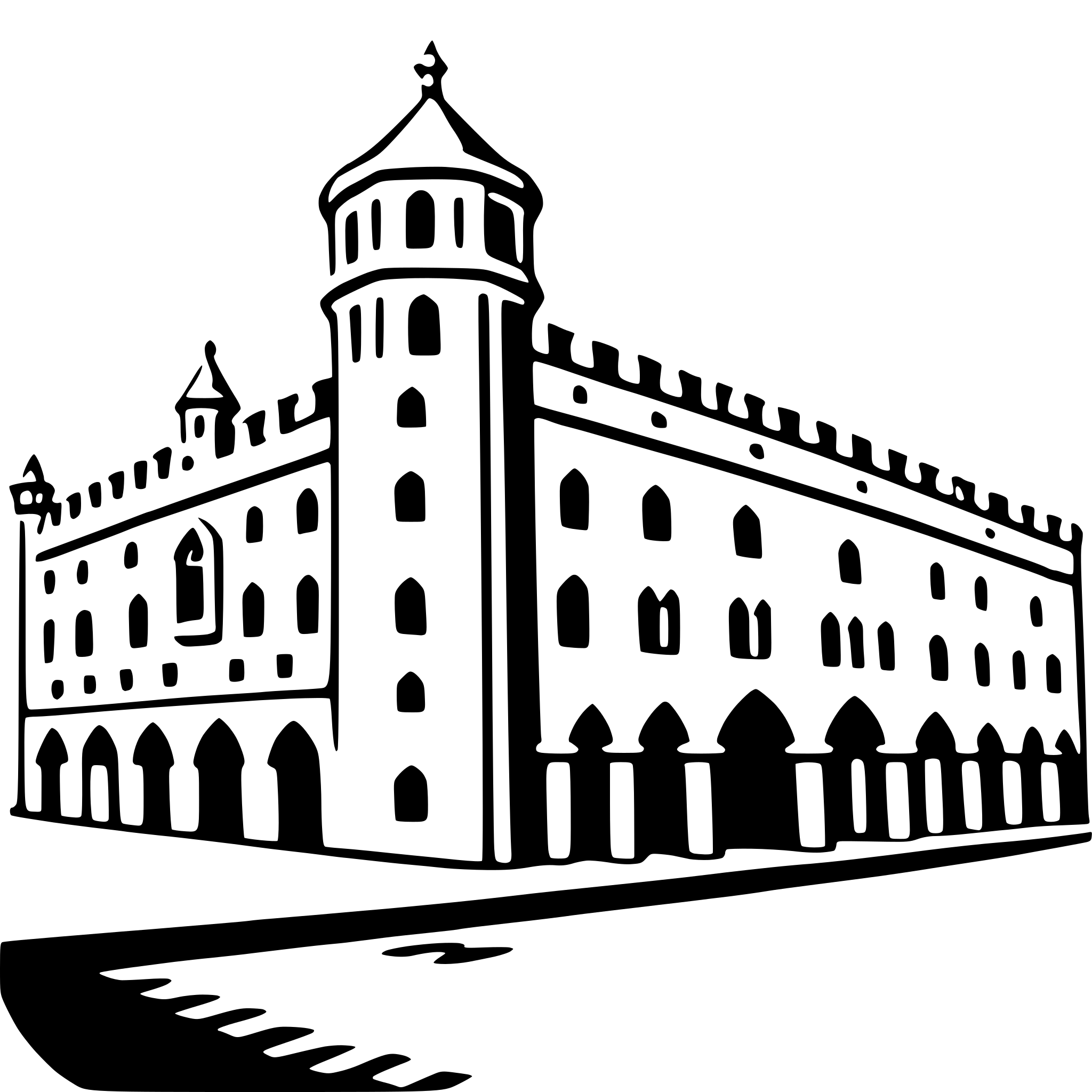 The SVG depicts a stylized, simplified architectural representation of a building, which appears to be a castle or a large, historic structure. The building has a prominent tower with a pointed roof, and there are smaller towers or turrets along the sides. The facade is adorned with arched windows and a central entrance with a pointed arch. The design is minimalistic, with no intricate details or textures, relying on geometric shapes and lines to convey the structure. The shadow on the ground suggests a perspective view, with the building appearing to be viewed from a low angle. 