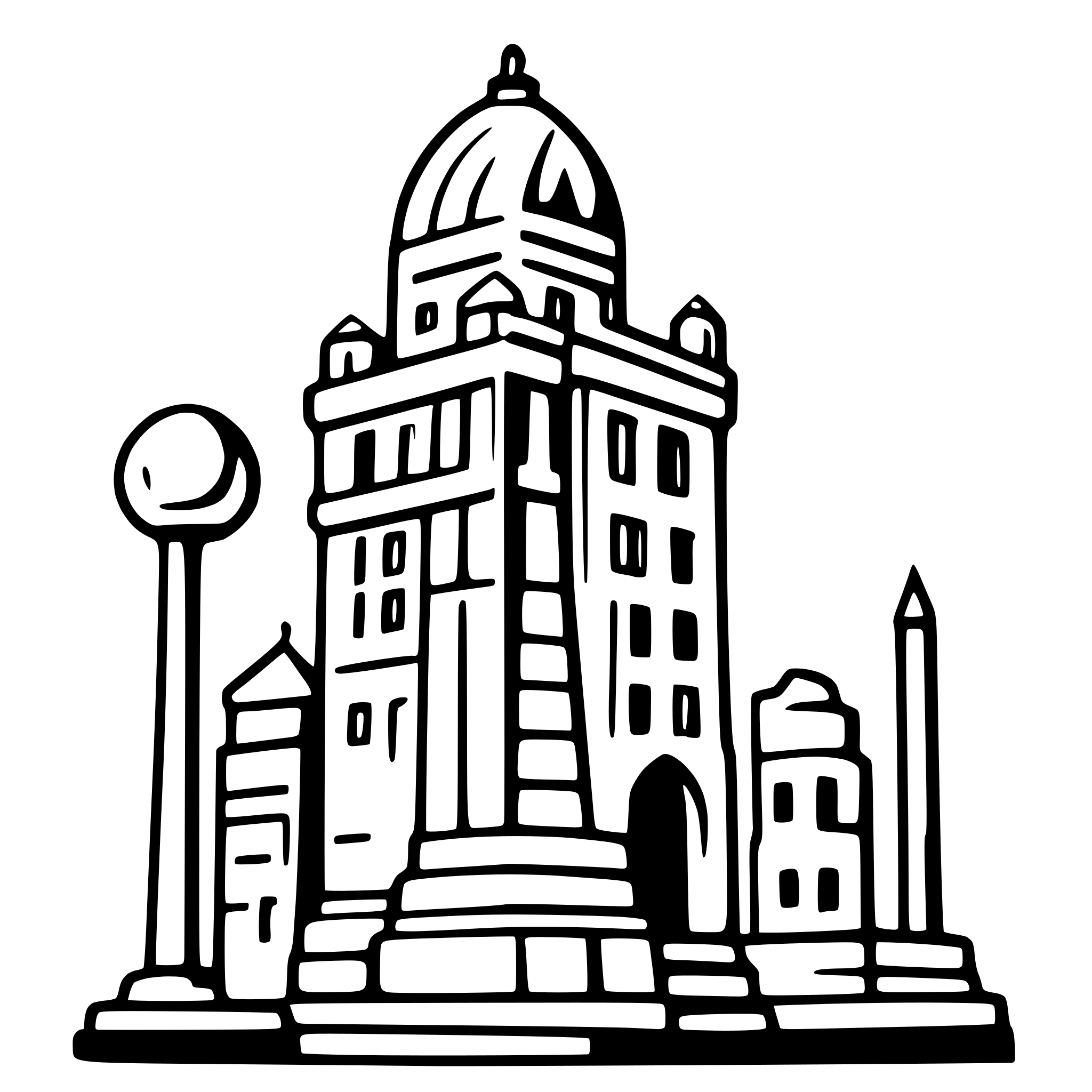 AI-generated SVG of a A finely detailed black-and-white line art illustration of a cityscape featuring a mix of modern and traditional architecture. The skyline includes iconic structures such as a towering temple with intricate carvings, historic gateways, and contemporary high-rise buildings. The scene is symmetrically balanced with lamp posts, trees, and minimal star-like accents in the sky, enhancing the aesthetic appeal. The line work is clean and precise, giving the image a minimalist yet elegant architectural 