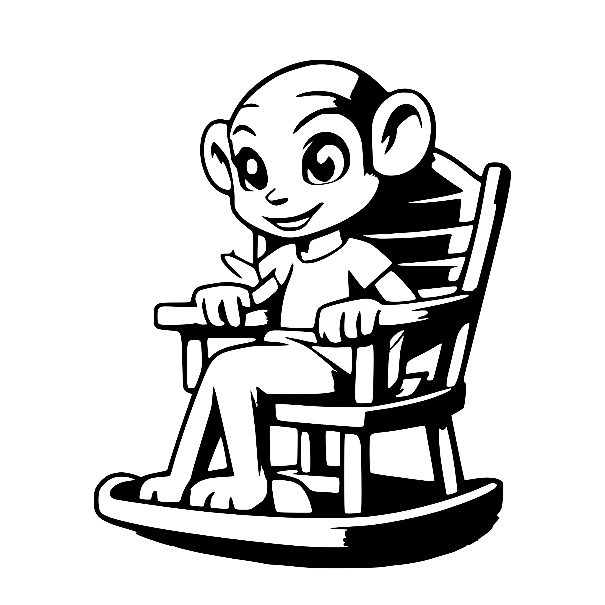 AI-generated SVG of a make a black and white picture of a cute female cartoon monkey in a rocking chair
