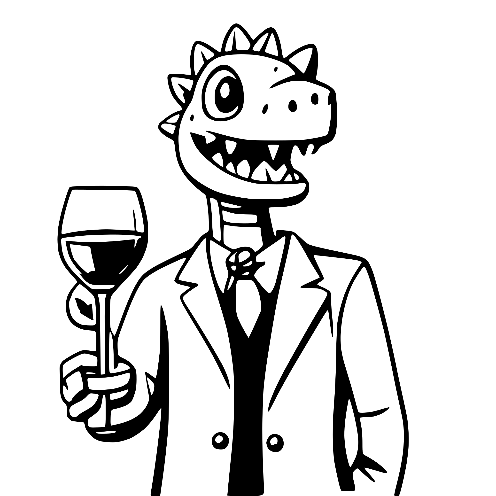 AI-generated SVG of a dinosaur with a glss of wine in the hand