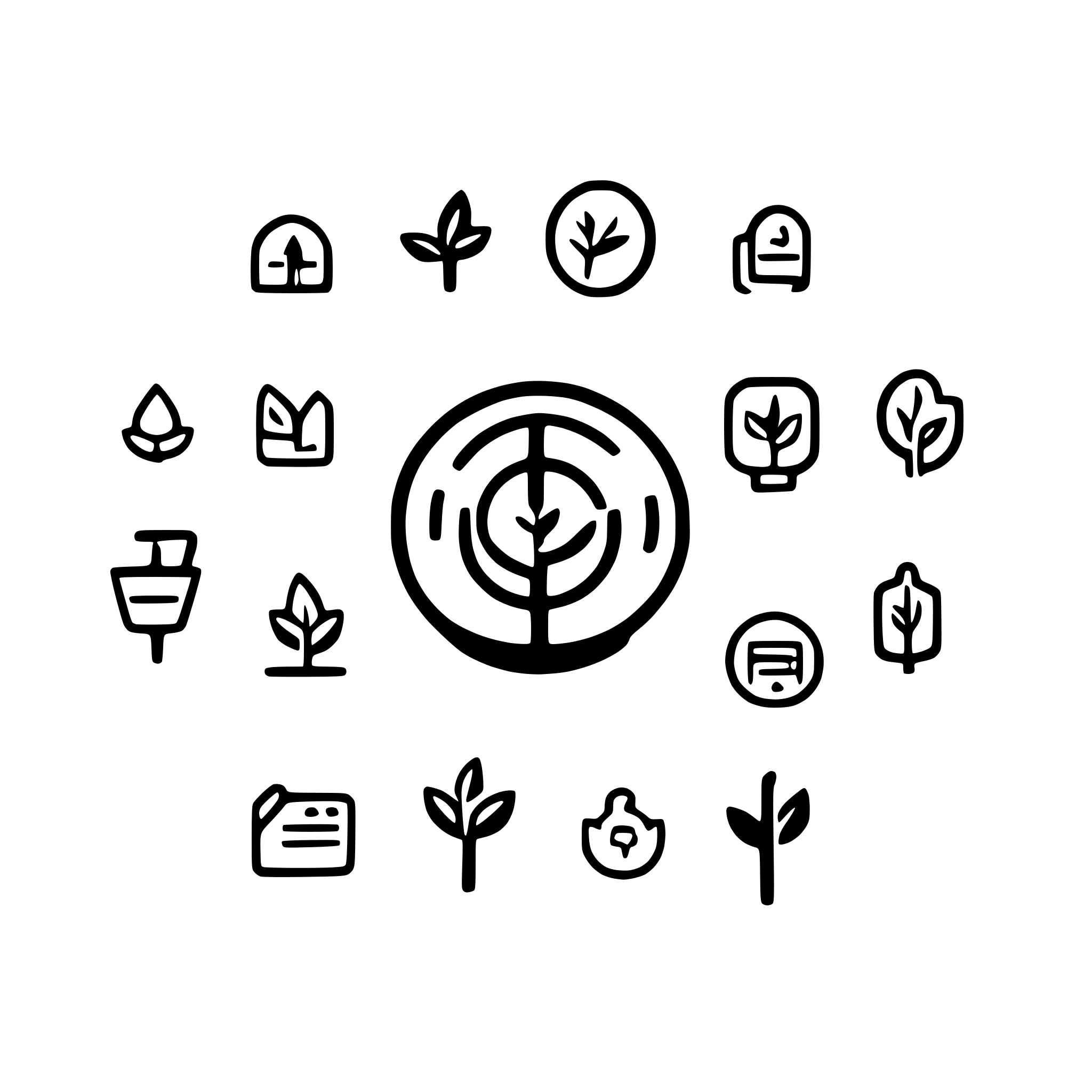 AI-generated SVG of a a grid of 16 minimalist line icons depicting personal growth stages, including targets, graduation c