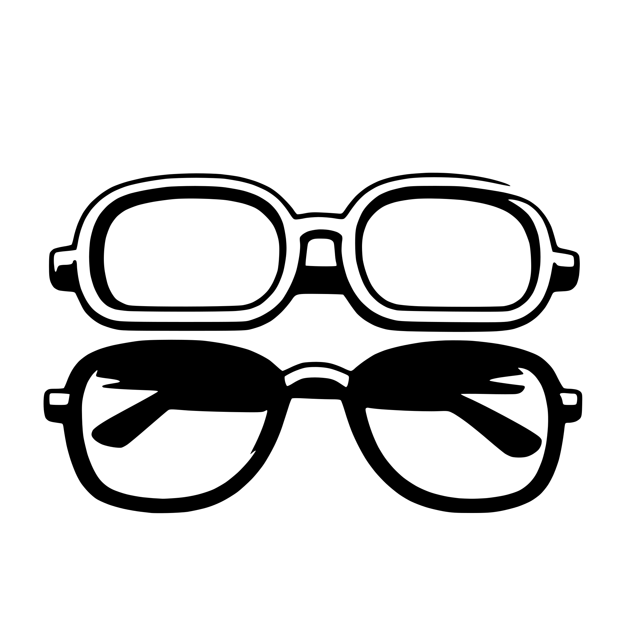 The SVG shows a pair of glasses with a simplified design, consisting of two lenses and two arms with a stylized nose bridge. The glasses are depicted in a minimalist style, with the lenses and arms being the only visible parts. The lenses are shown with a reflection, suggesting a shiny surface, and the arms are curved, indicating a comfortable fit over the nose. The SVG is a vector graphic, which means it can be scaled to any size without losing quality. 
