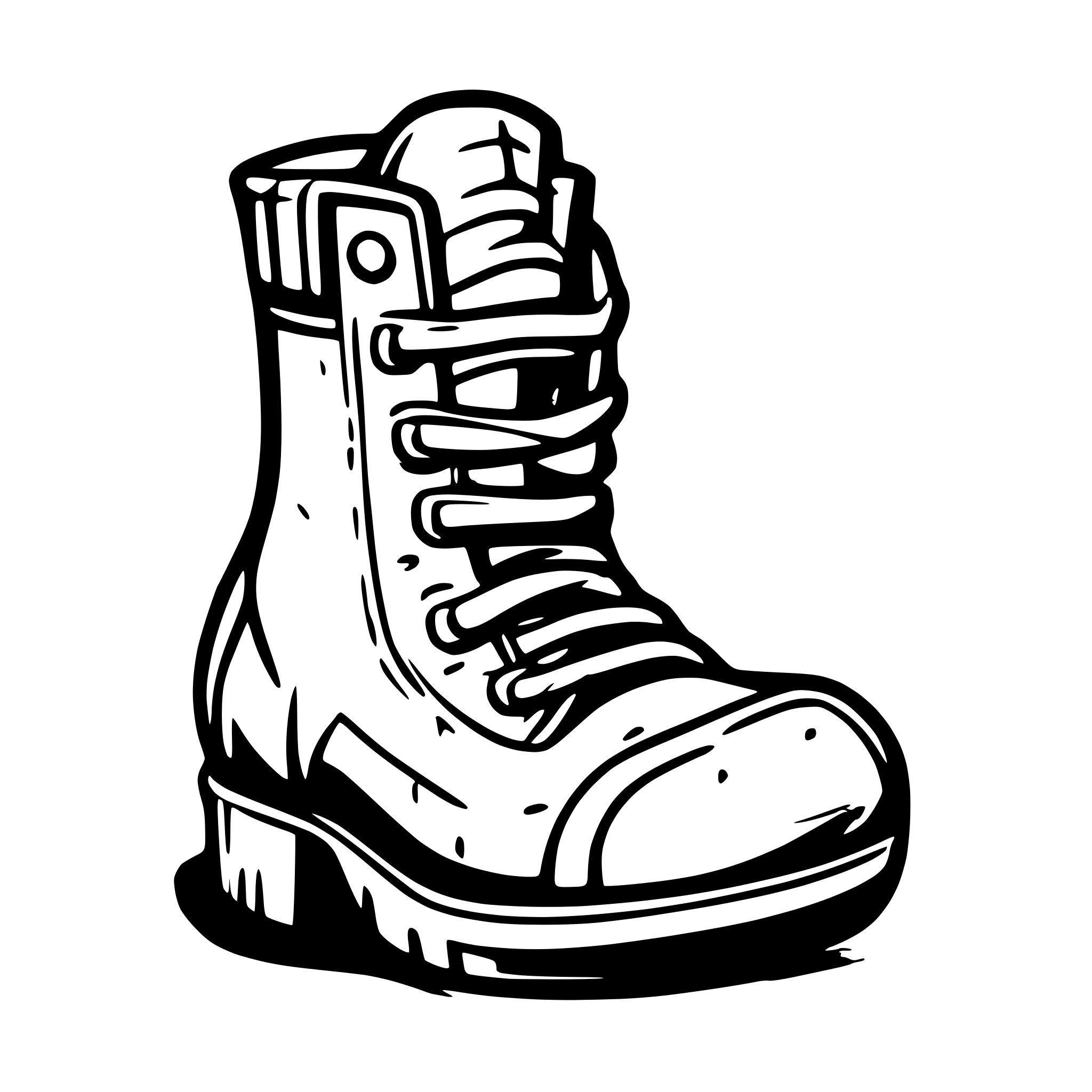 AI-generated SVG of a Create a logo with the following elements:
1. An old, worn-out boot with heavy signs of use. The boot should have deep creases, cracks, and frayed edges, making it look very aged. The sole should be worn down, and the leather or material should appear faded and cracked.
2. A cartoonish smoke, thick and heavy, rising from the top of the boot, resembling a stinky foot odor (chulé). The smoke should be swirling in a playful, exaggerated way, with a bit of a messy, unpleasant look. Make it look like