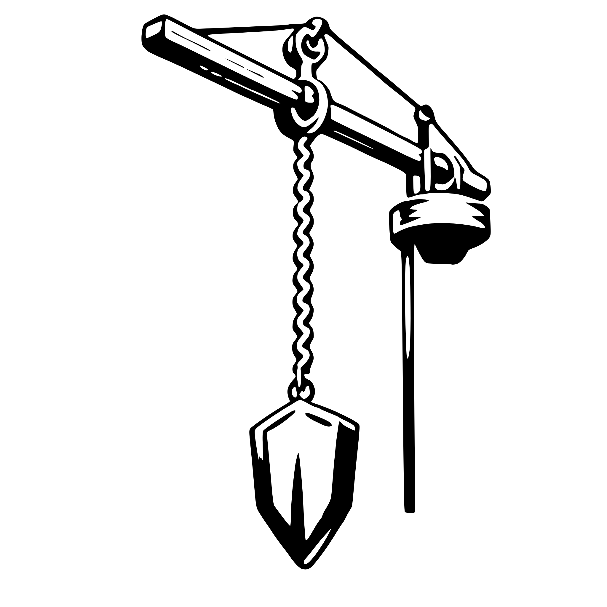 The SVG shows a simple, stylized illustration of a balance scale. The scale has a horizontal bar with a hook at one end and a weight at the other. The hook is connected to a chain, which is attached to a vertical bar. The vertical bar is connected to a horizontal bar at the top, which is likely intended to represent the fulcrum of the scale. The weight appears to be a solid, geometric shape, possibly a cube or a rectangular prism, with a pointed top. The style of the illustration is minimalistic and appears to be designed for clarity rather than realism. 