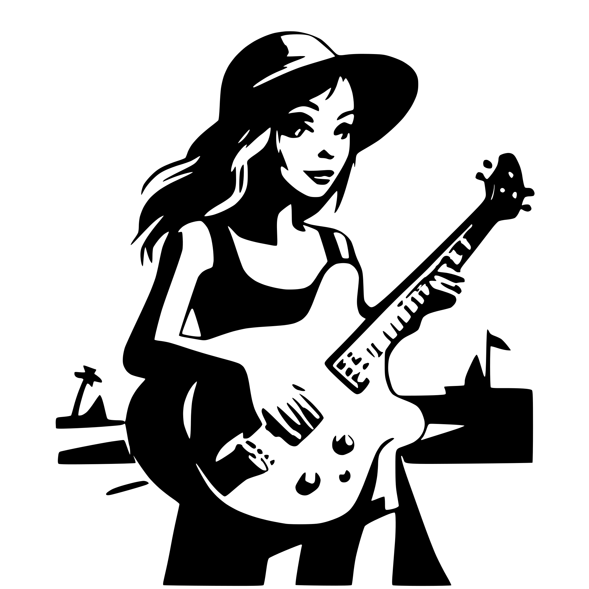 AI-generated SVG of a create a vector image with not too many details, monocrom. female with guitar on the beach
