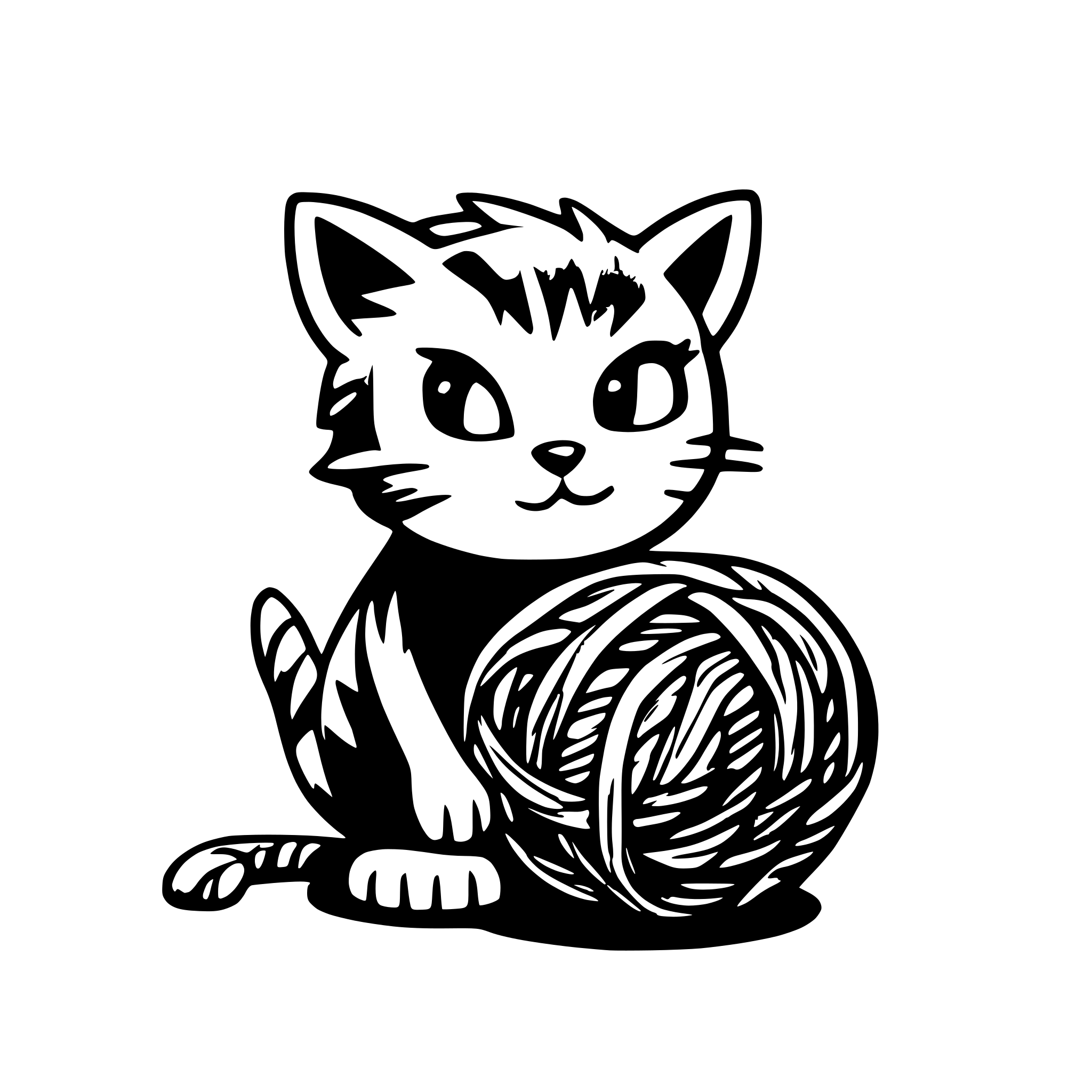 AI-generated SVG of a A cartoon-style, confused-looking cat staring at a partially unraveled ball of yarn, all in a vector art style with bright colors AI-generated SVG of a A cartoon-style, confused-looking cat staring at a partially unraveled ball of yarn, all in a vector art style with bright colors