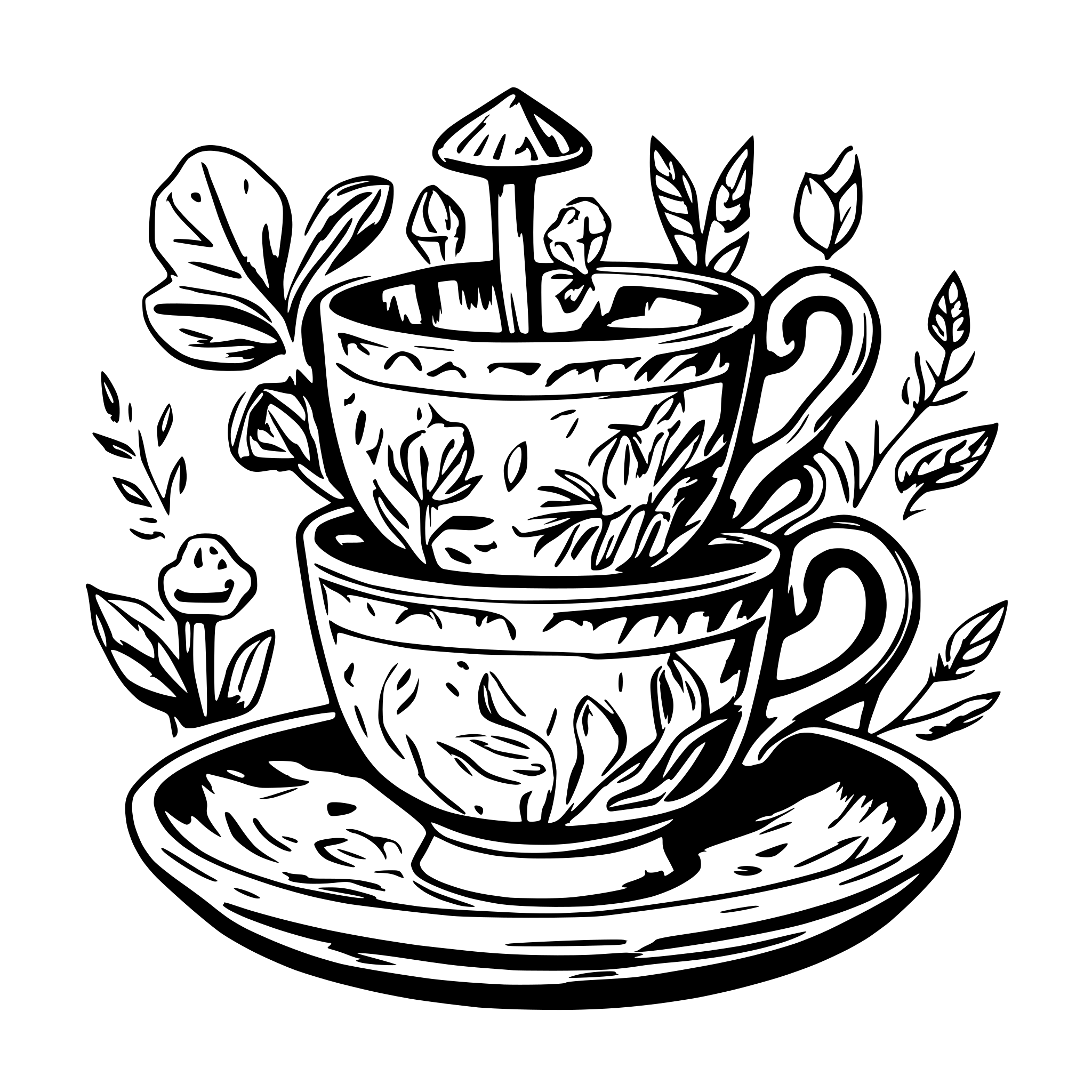 AI-generated SVG of a 3 teacups, of different designs, stacked on top of each other on a saucer; with some toadstools growing from the saucer, various colors; also add a tinket bottle with a note inside AI-generated SVG of a 3 teacups, of different designs, stacked on top of each other on a saucer; with some toadstools growing from the saucer, various colors; also add a tinket bottle with a note inside