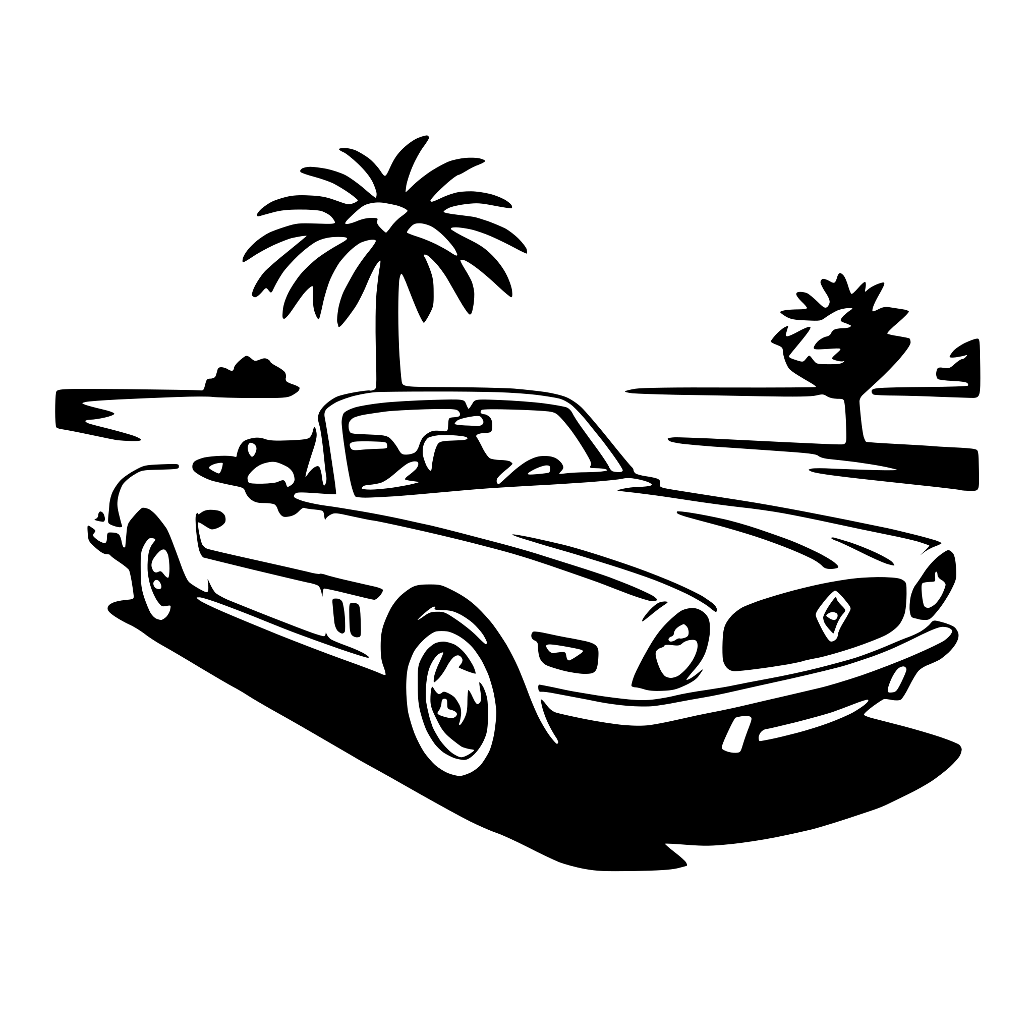 The SVG depicts a classic convertible car parked on a road with a palm tree in the background. The car is a convertible with a soft top, and it is positioned at an angle that shows the front and side profile. The palm tree is to the right of the car, and there is a clear sky above. The road appears to be a two-lane road, and there is a small hill or elevation in the distance. The style of the SVG is a simple line drawing with no shading or color, which gives it a clean and minimalist appearance. 