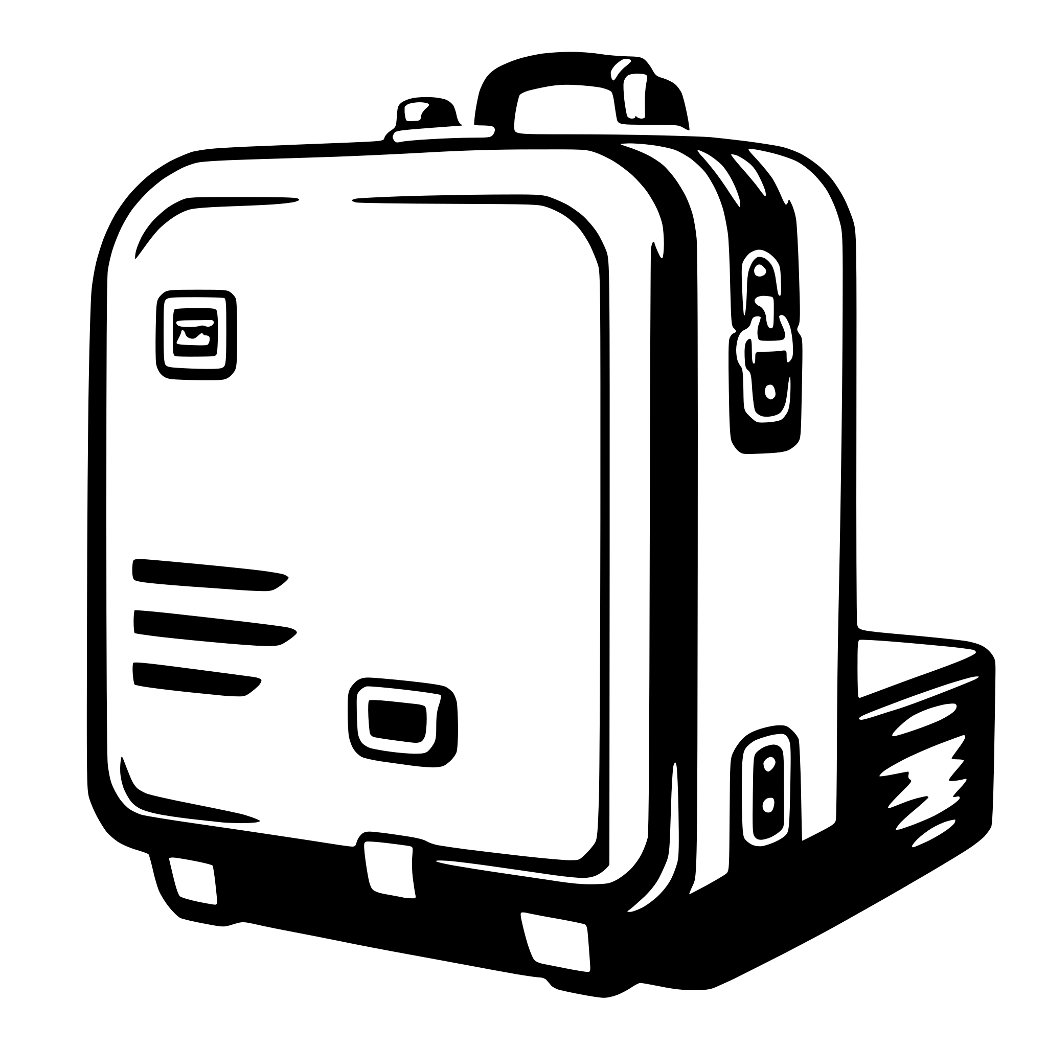 The SVG depicts a simple, stylized representation of a suitcase. It has a rectangular shape with a flat top and a handle on top. There are two latches on the front, and a small rectangular protrusion on the side, which could be a lock or a tag. The suitcase is placed on a flat surface, which is not fully visible, but it appears to be a simple, flat base. The SVG is minimalistic and does not include any additional details or background elements. 