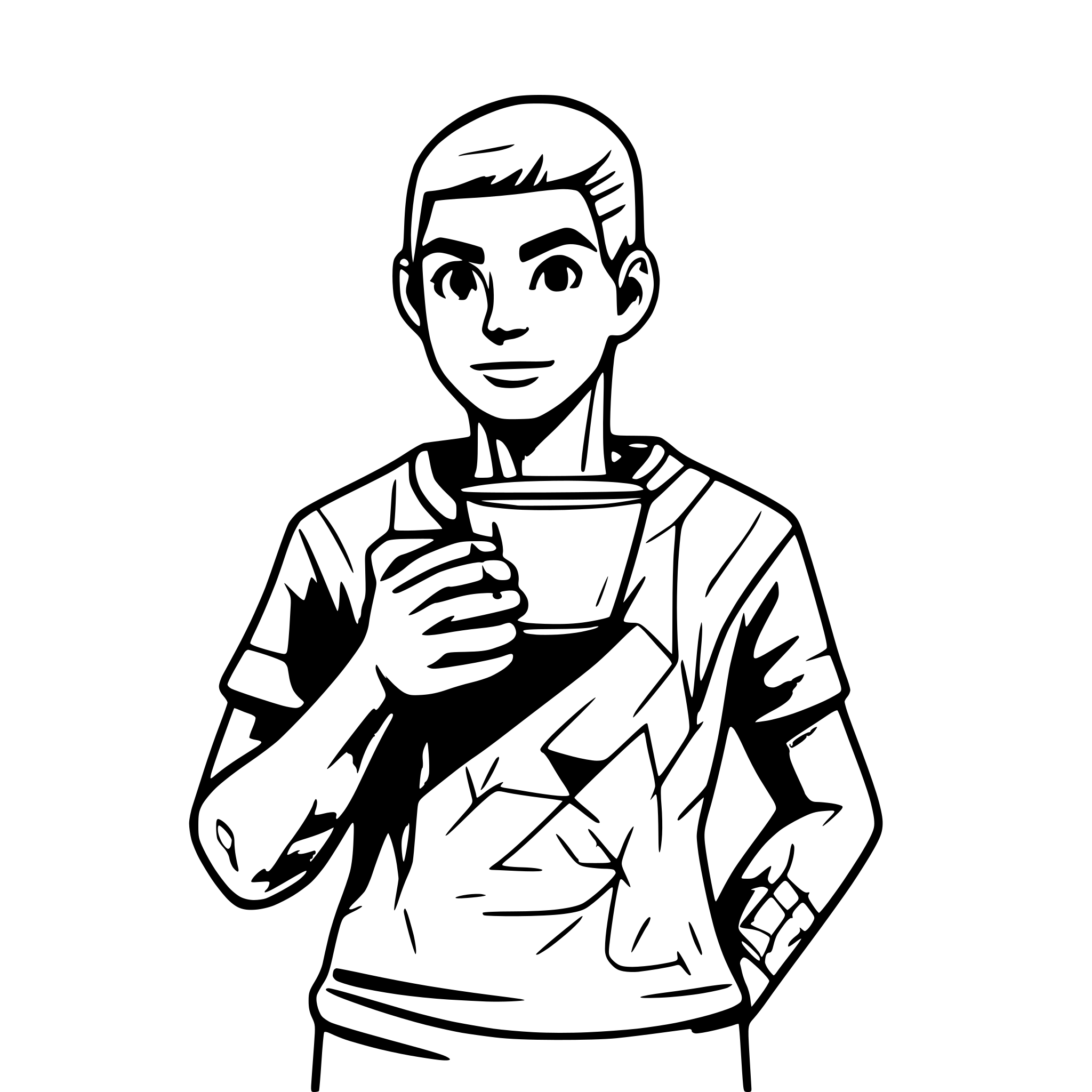 AI-generated SVG of a a guy upper body wearing a t-shirt holding a cup in one hand looking at the camera,colored