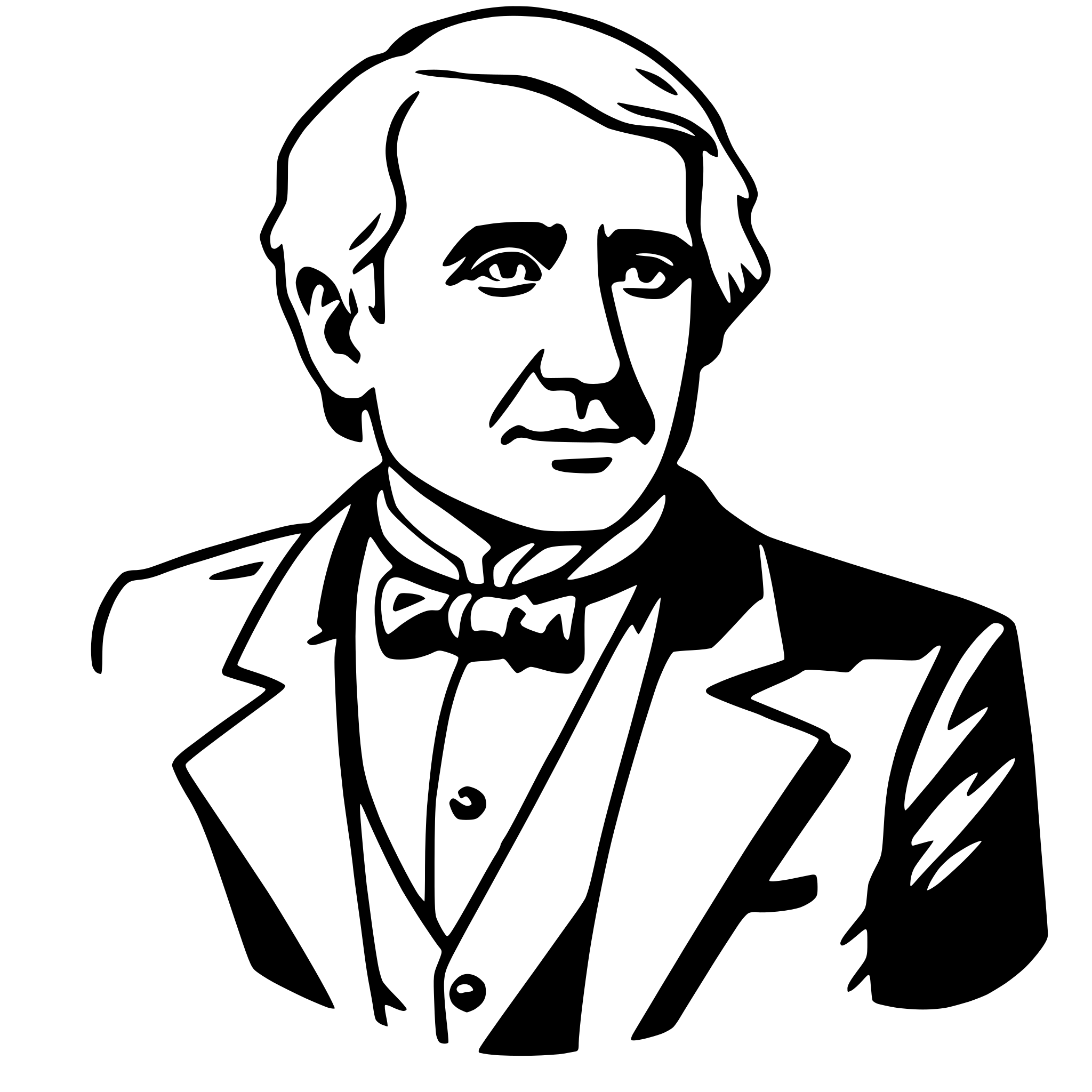 The SVG depicts a black and white line drawing of a man. He is wearing a suit with a bow tie and has a mustache. The man is looking directly at the viewer. The SVG is simple and does not contain any additional objects or interactions. 