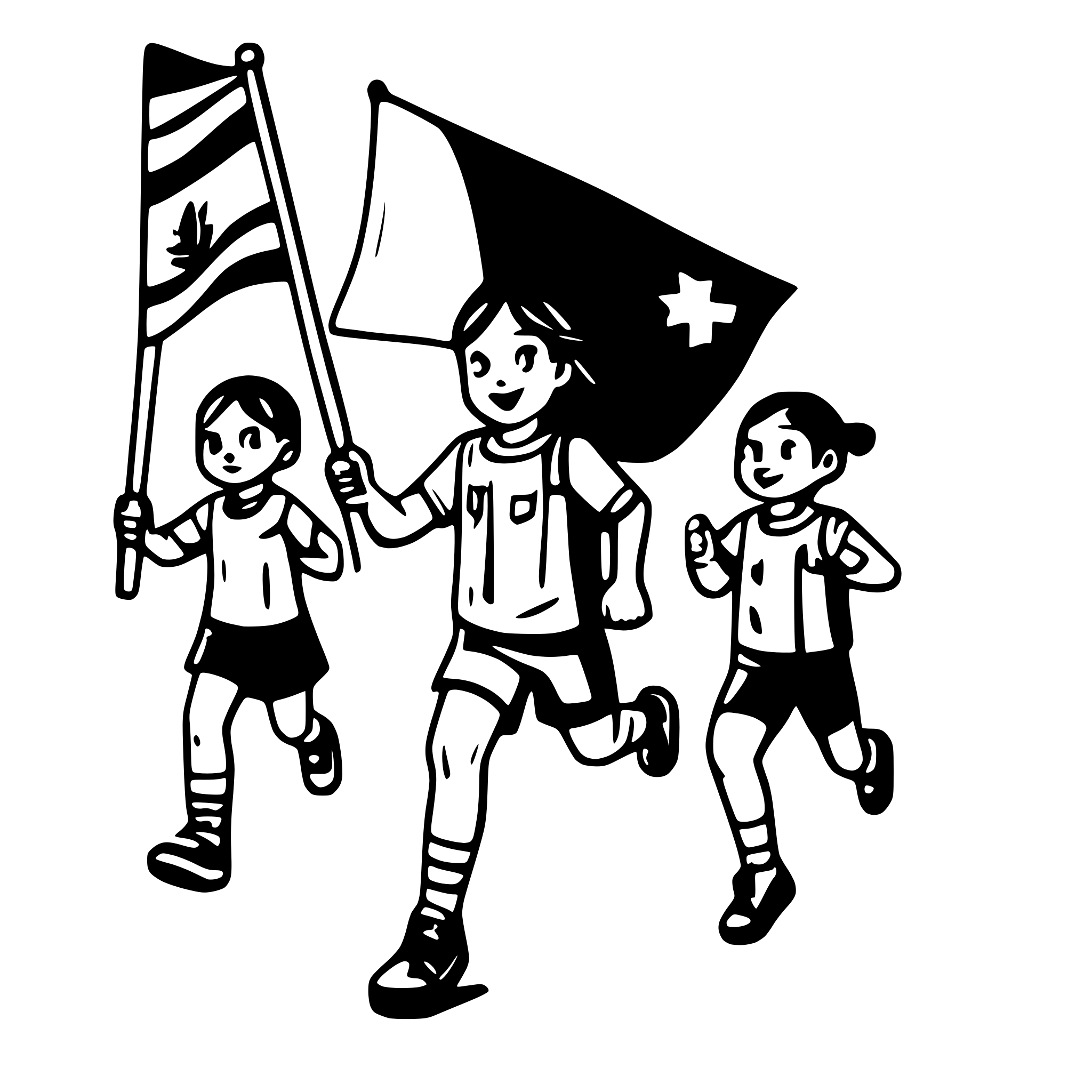 AI-generated SVG of a scout children running around the flag