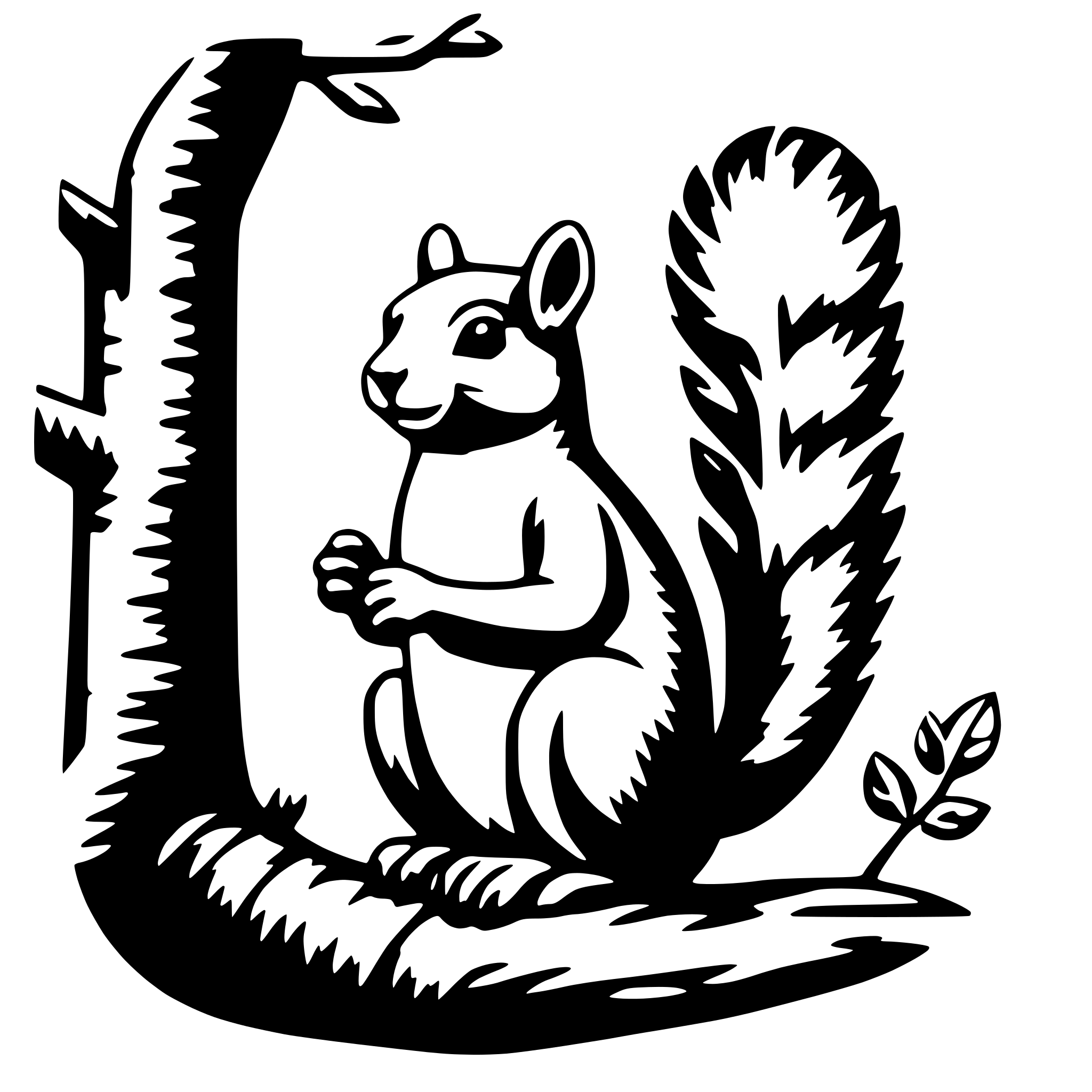 The SVG features a stylized illustration of a squirrel sitting on a tree branch. The squirrel is depicted with a simple, cartoon-like design, with its body facing the viewer and its head turned to the side. It has a tail that is curled around the branch. The tree branch is shown with a few leaves and a rough texture to represent bark. The squirrel appears to be holding something in its paws, but it's not clear what it is. The overall style is minimalistic and could be used for various purposes such as a logo, icon, or decorative element. 