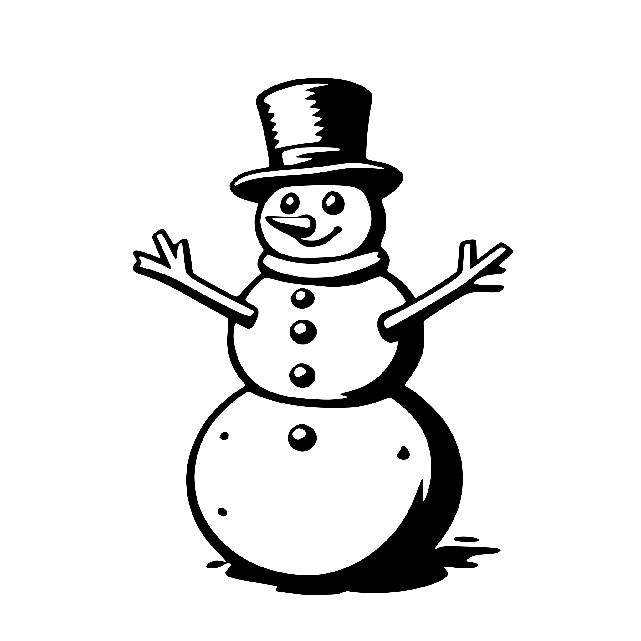 The SVG depicts a simple, cartoon-style illustration of a snowman. The snowman has a round body, a carrot for a nose, and a smiling face. It is wearing a black top hat and has two arms raised in the air, as if waving or greeting. The snowman is standing on a flat surface, and there is no background detail provided. The SVG is a vector graphic, which means it can be scaled up or down without losing quality. 