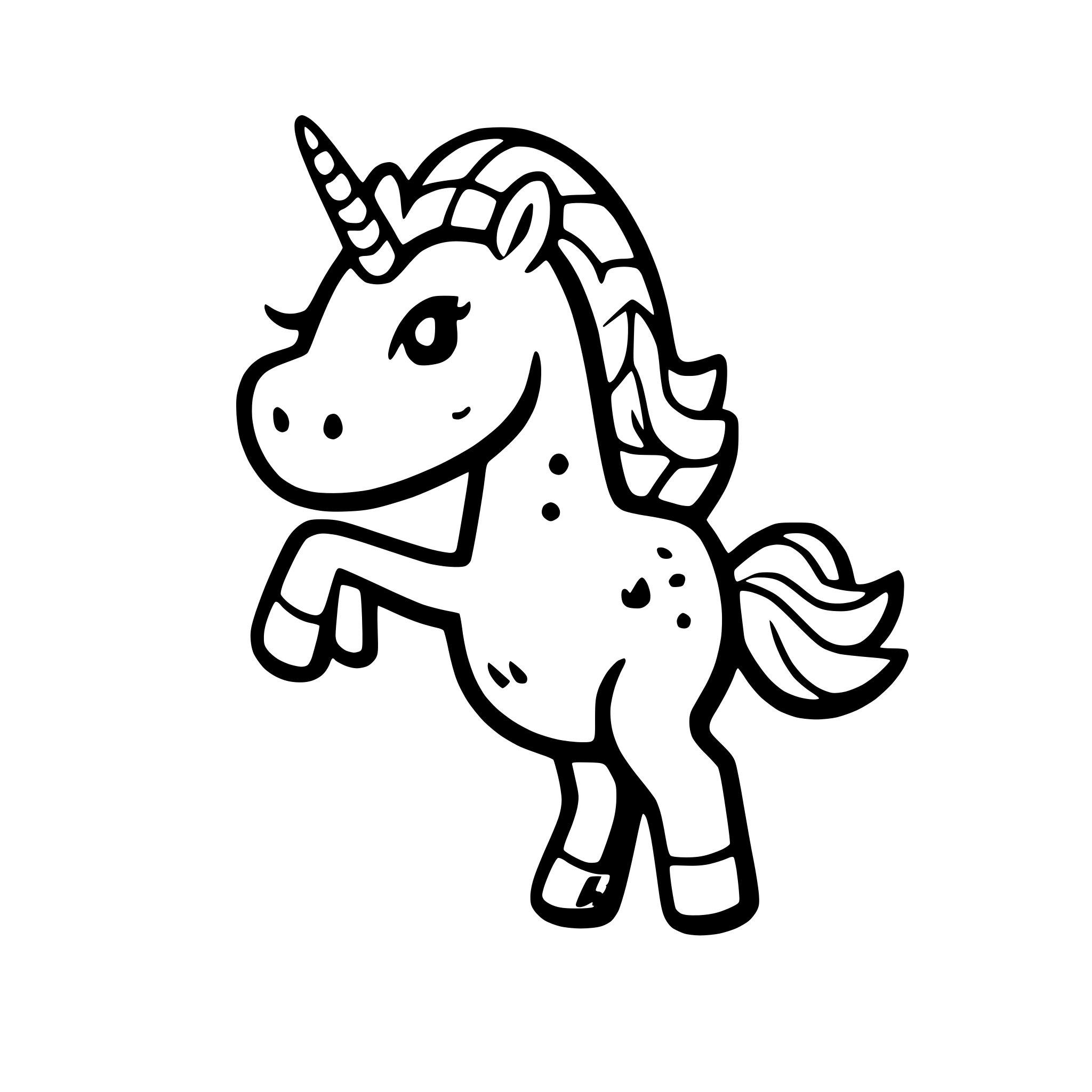 AI-generated SVG of 'a rainbow-colored unicorn dancing on clouds'
