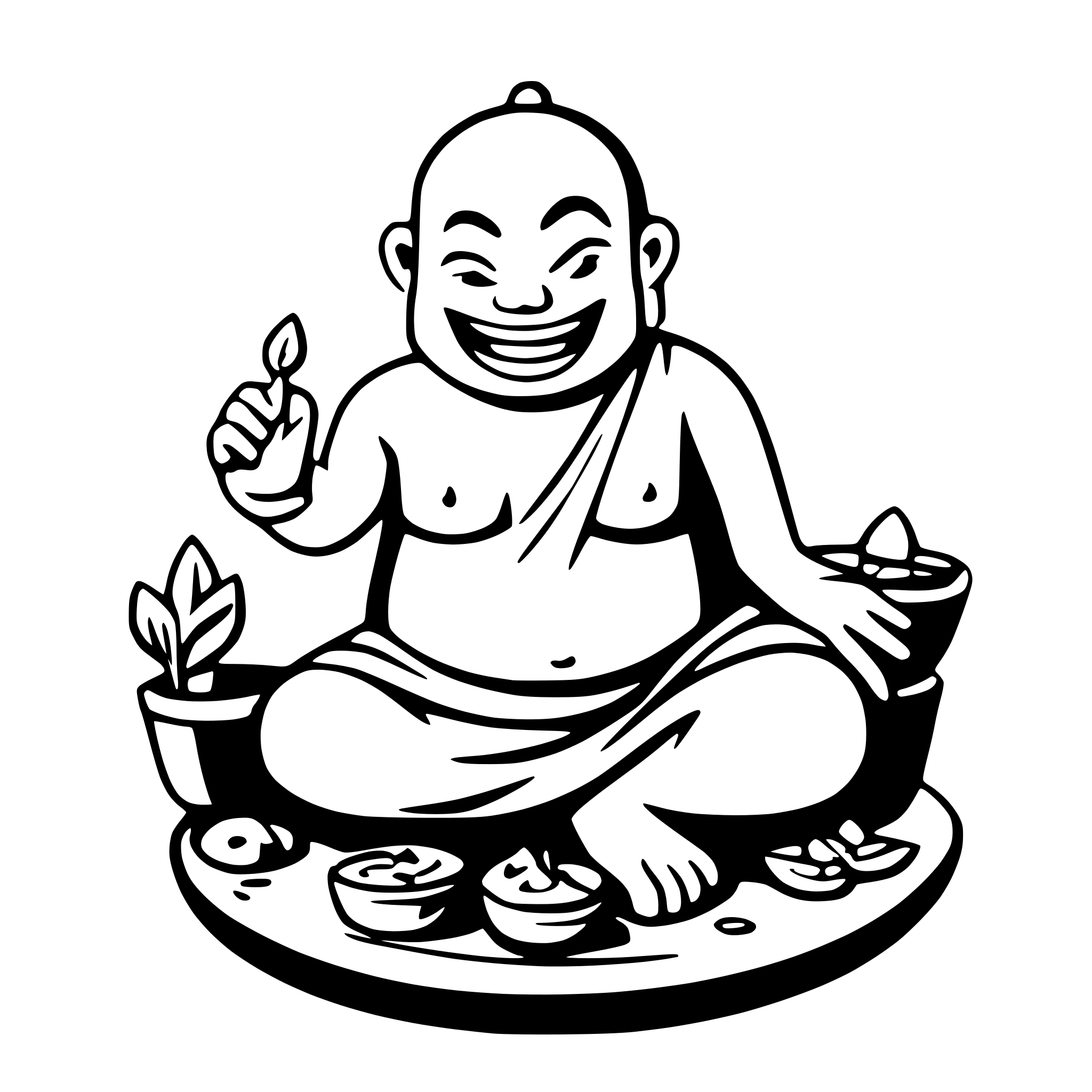 AI-generated SVG of a Generate a happy laughing Buda sitting there and presenting his big belly. in front of him is a pot and a plate with leftovers
