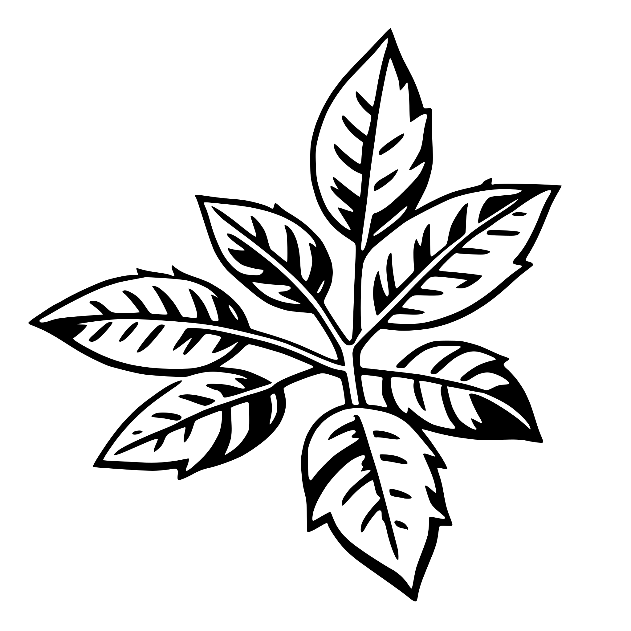The SVG shows a stylized, black and white illustration of a leaf. The leaf is depicted with a central stem and multiple lobes that branch out from the stem. The lobes have a serrated edge, giving the impression of a natural, organic texture. The leaf is symmetrical, with each lobe mirroring the others. The stem is thin and extends from the center of the leaf. The overall design is simple and graphic, with no additional elements or background details. 