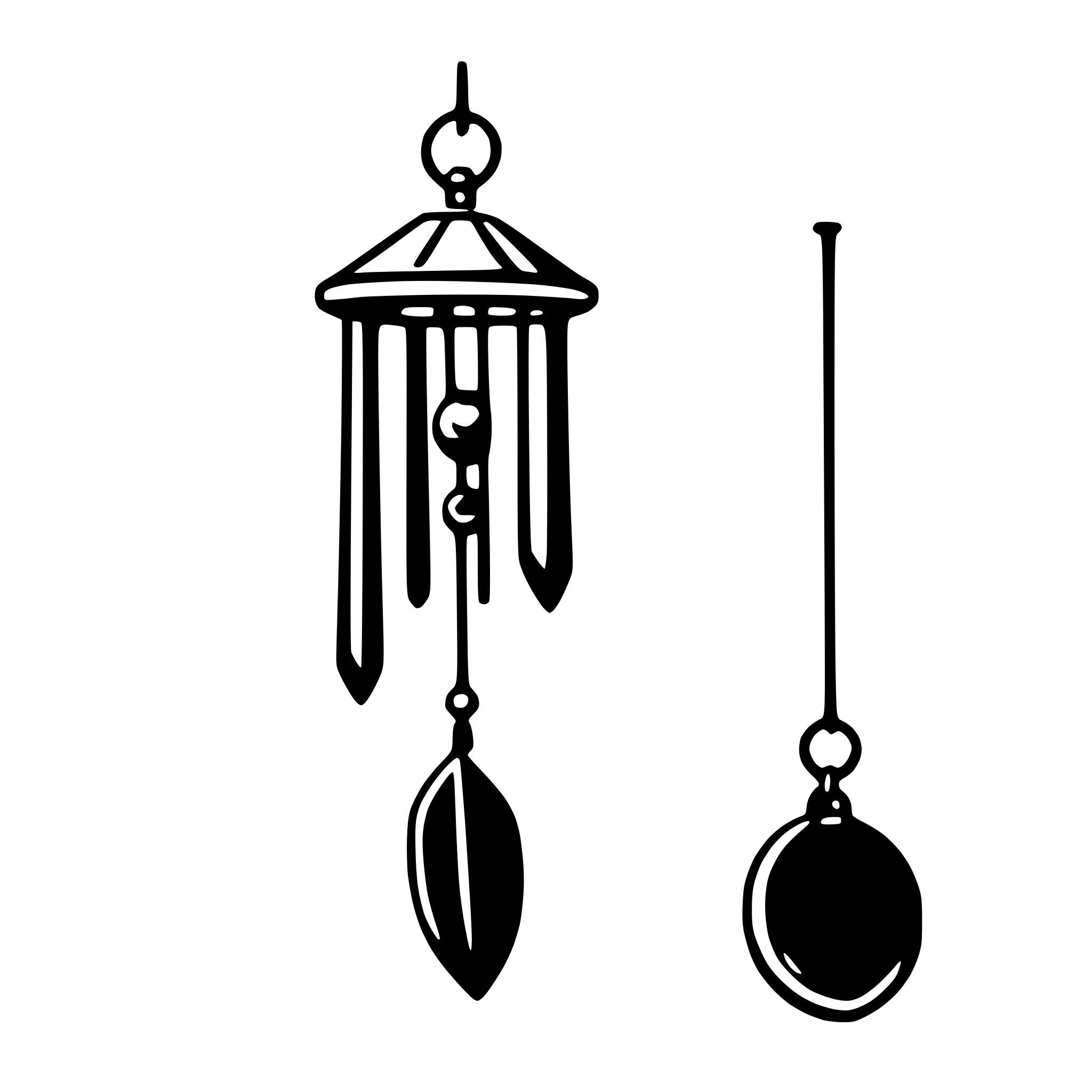 The SVG shows two distinct objects: a wind chime and a pendulum. The wind chime is composed of a central rod with multiple tassels hanging from it, and a larger, triangular-shaped element at the top. The pendulum consists of a single, elongated element with a smaller, rounded element at the bottom, which is presumably the weight. The wind chime and pendulum are not interacting with each other; they are separate objects. 