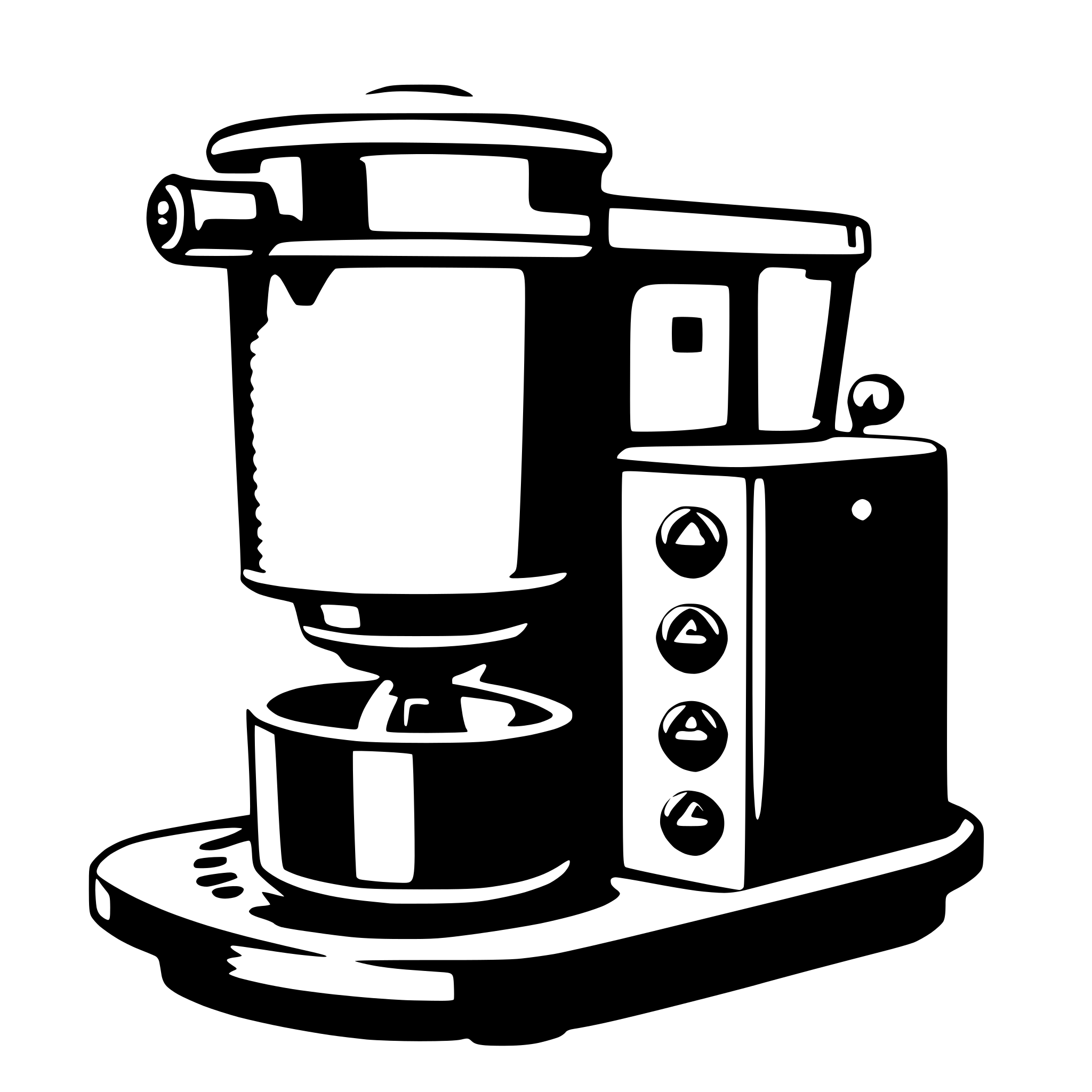 The SVG depicts a simple, stylized coffee maker with a single cup on top. The coffee maker has a cylindrical body with a handle on the side, and a spout at the top. There are two buttons on the front, and a small, round window on the side. The cup appears to be transparent and is placed on a flat surface, which is likely the coffee maker's base. The overall design is minimalistic and lacks intricate details, focusing on the basic shapes and functions of the coffee maker and cup. 