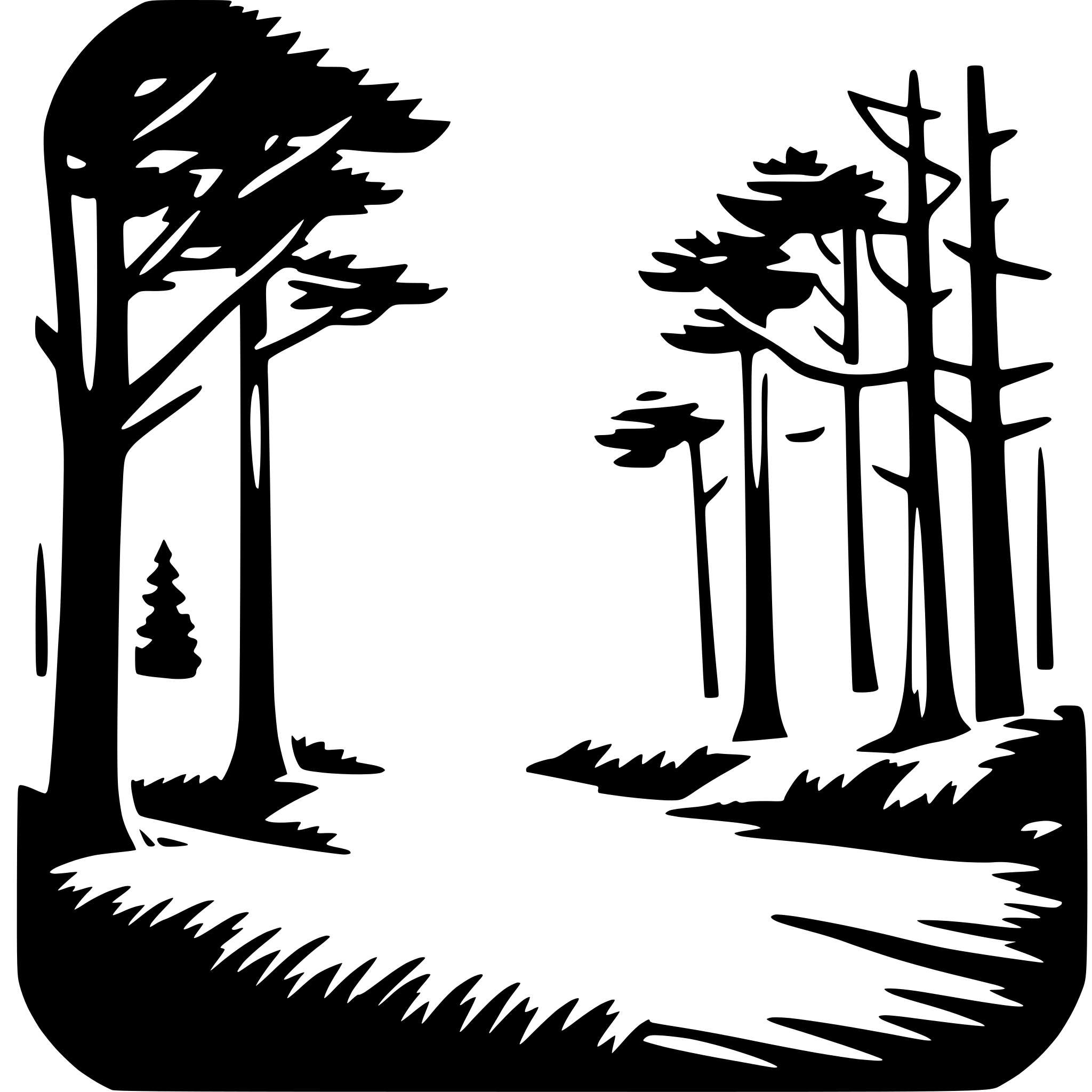 The SVG depicts a stylized, simplified landscape scene. On the left side, there is a tall, thin tree with a rounded top, suggesting a coniferous tree. On the right side, there is a row of trees with slender trunks and a more pointed top, which could represent a different type of tree, possibly deciduous. Between these two groups of trees, there is a path or road that appears to be leading towards the trees on the right. The path is flanked by grass or vegetation on both sides, and there is a small, simple representation of a tree or shrub on the left side of the path. The overall style is minimalistic and uses negative space to create the impression of the landscape elements. 