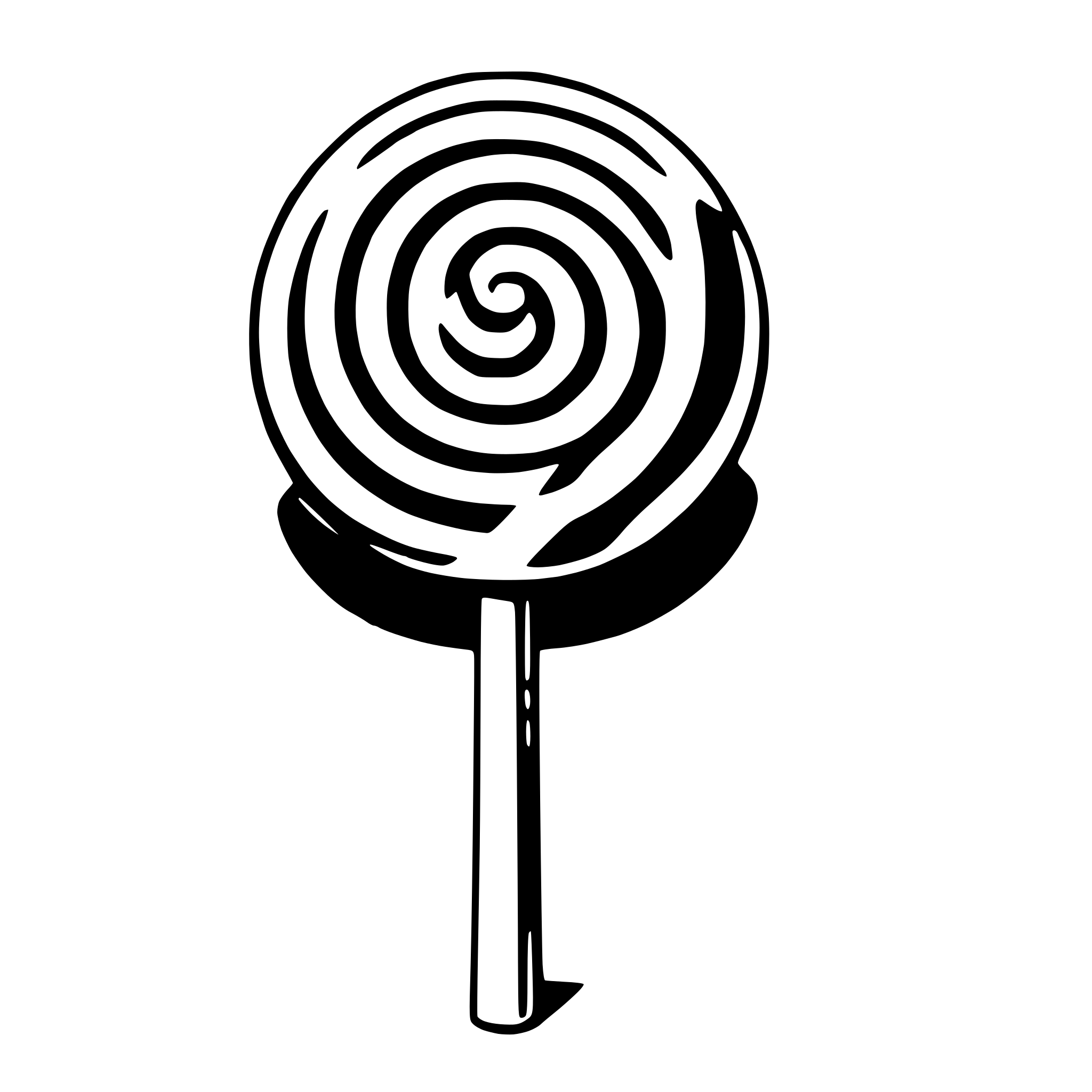 The SVG shows a simple, stylized representation of a lollipop. It consists of a cylindrical body with a swirled pattern, which is likely intended to represent the candy coating, and a stick attached to the top. The stick is straight and narrow, and the body has a smooth, rounded shape with a flat bottom. The SVG is in black and white, and there are no texts or additional elements present. The lollipop is the central object, and there is no interaction between it and other objects, as it is the sole focus of the SVG. 