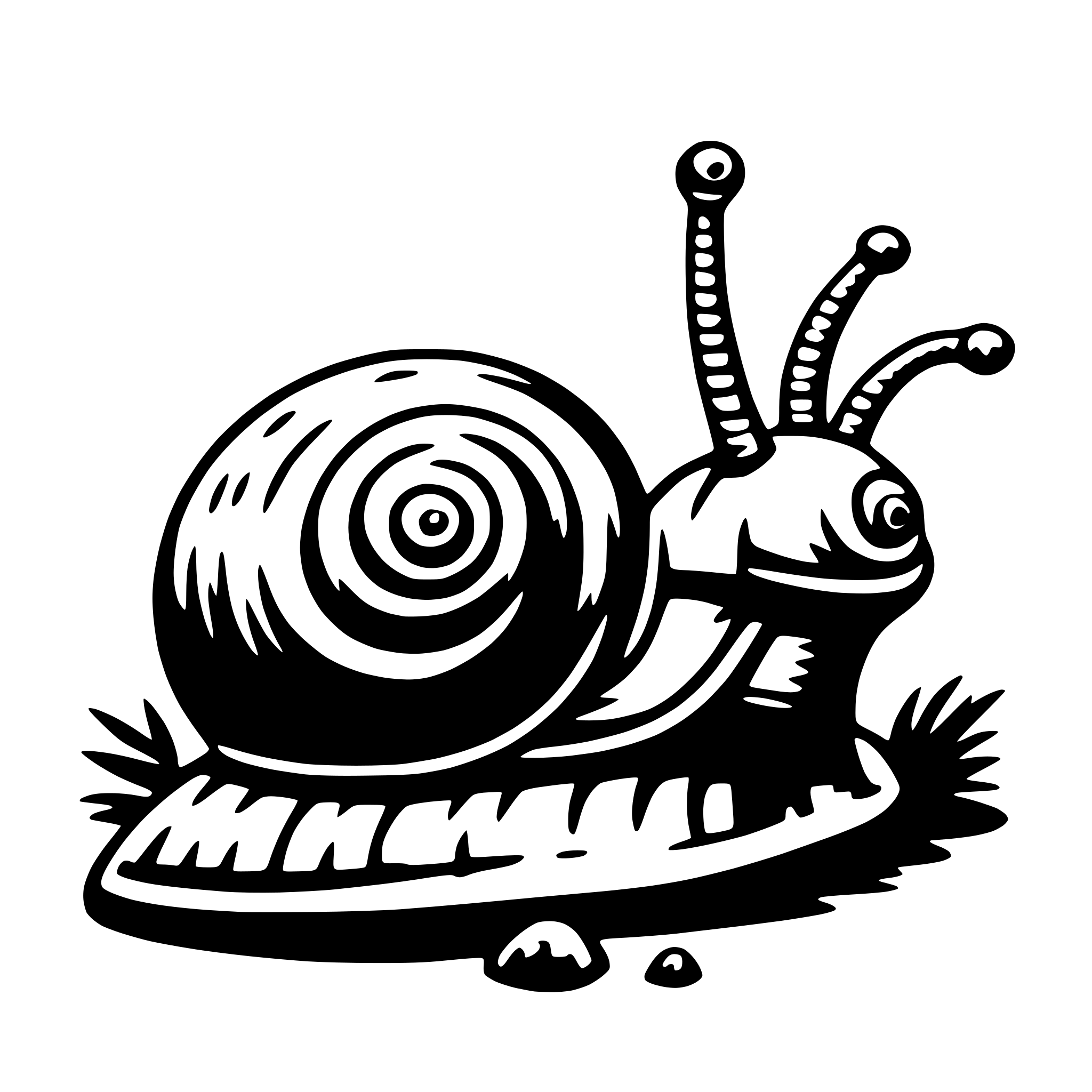 The SVG depicts a stylized illustration of a snail. The snail is shown with a spiral shell, a visible head with two antennae, and a body with a pattern of ridges. The snail is positioned on a surface that appears to be grass or a similar textured material. There are no other objects or interactions depicted in the SVG. The style is simple and cartoonish, with bold outlines and minimal shading. 
