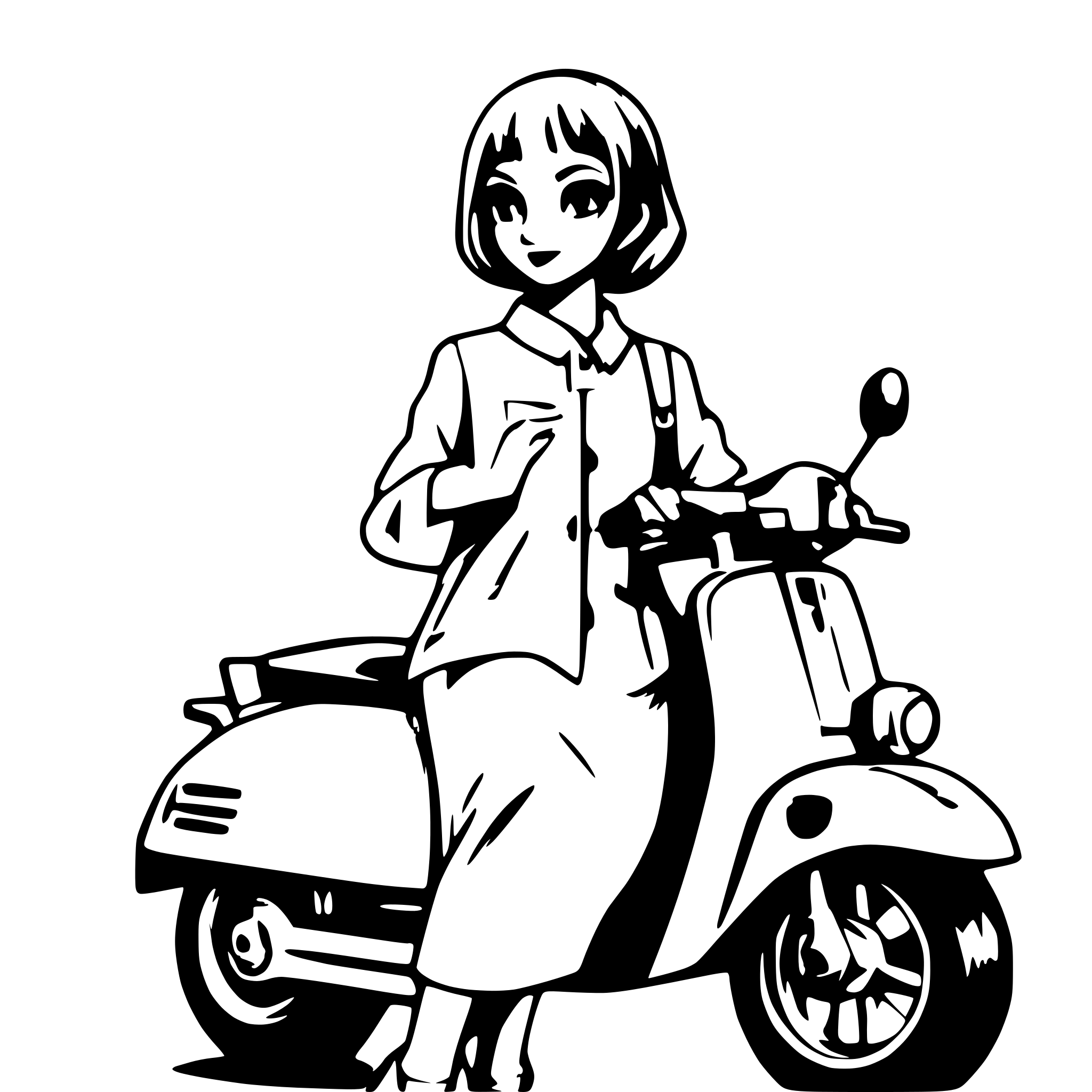 AI-generated SVG of a Short hairs colored black women on a vespa