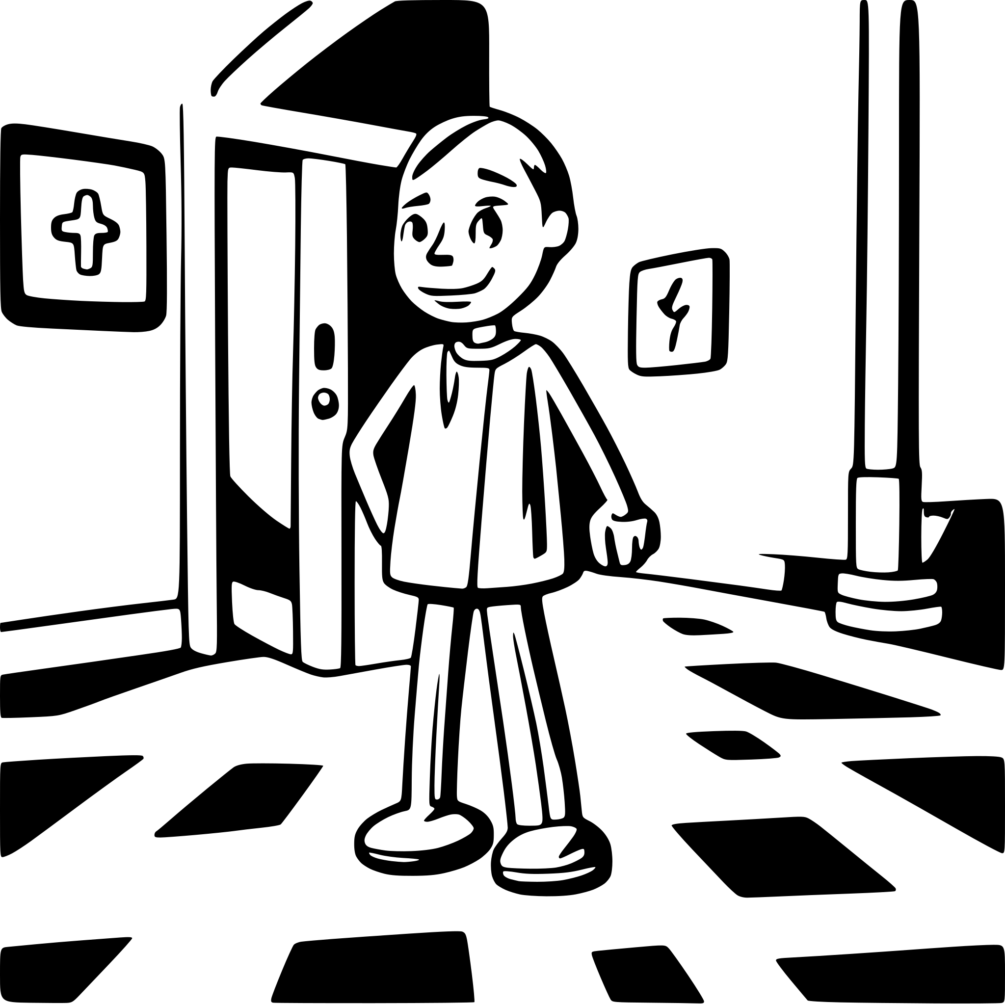 AI-generated SVG of 'stickman walks into hospital in doodle style all black and white'