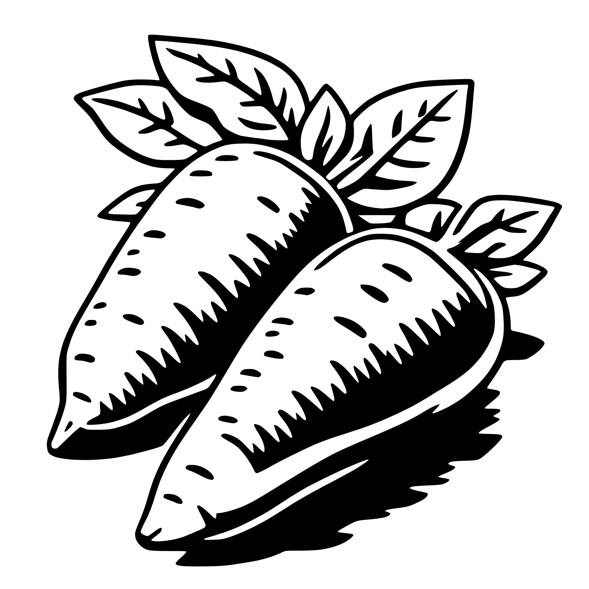The SVG shows two stylized, elongated leaves with a textured surface, resembling a plant or herb. They are depicted with a simple, black and white line drawing style, and are arranged with one leaf on top of the other, both facing the same direction. The leaves are connected by a stem with a few leaves attached to it, suggesting a branch or a plant. The overall design is minimalistic and appears to be a decorative or symbolic representation rather than a realistic depiction of a plant. 
