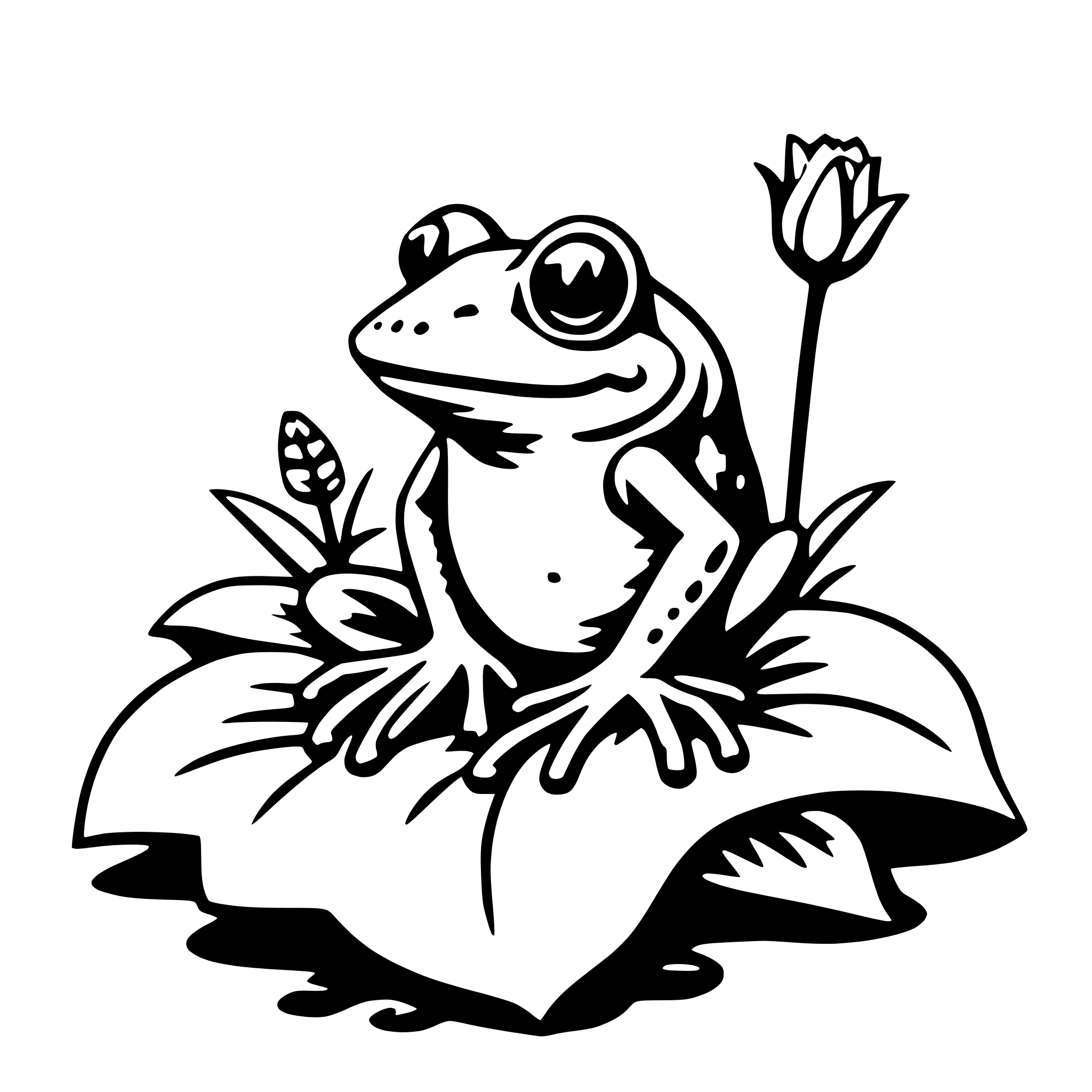 The SVG features a stylized illustration of a frog sitting on a lily pad. The frog has large, round eyes and a simple, cartoon-like body with a pattern of spots. It is holding a lily flower with its front legs. The lily pad is depicted with a few leaves and a small flower. The frog and the lily pad are the main objects in the SVG, and they are interacting in a peaceful and natural setting. 