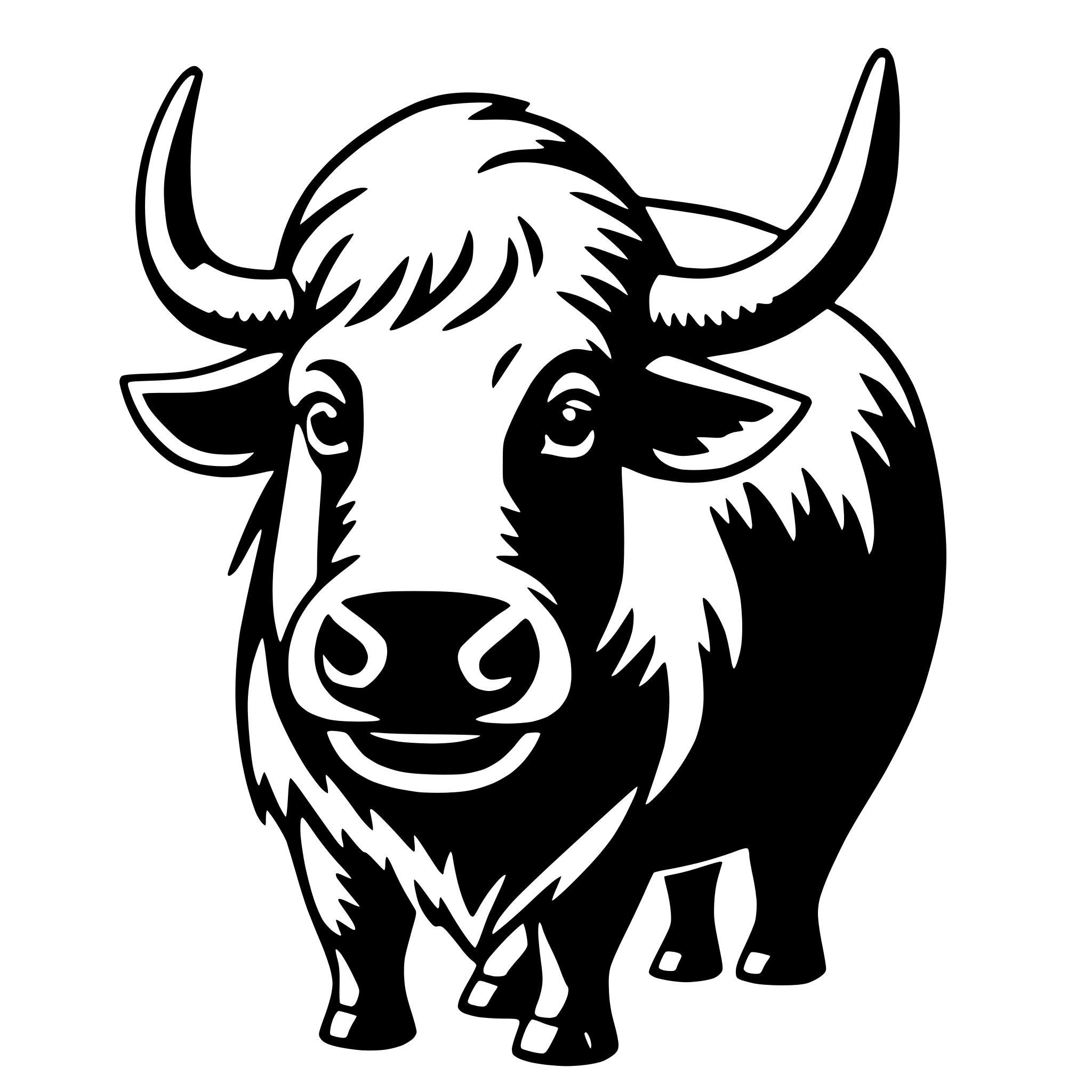 The SVG depicts a stylized black and white illustration of a cow. The cow is facing the viewer with a friendly expression, featuring large, round eyes and a small, curved horn on its head. It has a prominent nose and a simple, curved mouth. The cow's body is depicted with a solid, rounded shape, and it has four legs with hooves. The tail is short and curved. The SVG is simple and cartoonish in style, with no additional elements or background details. 