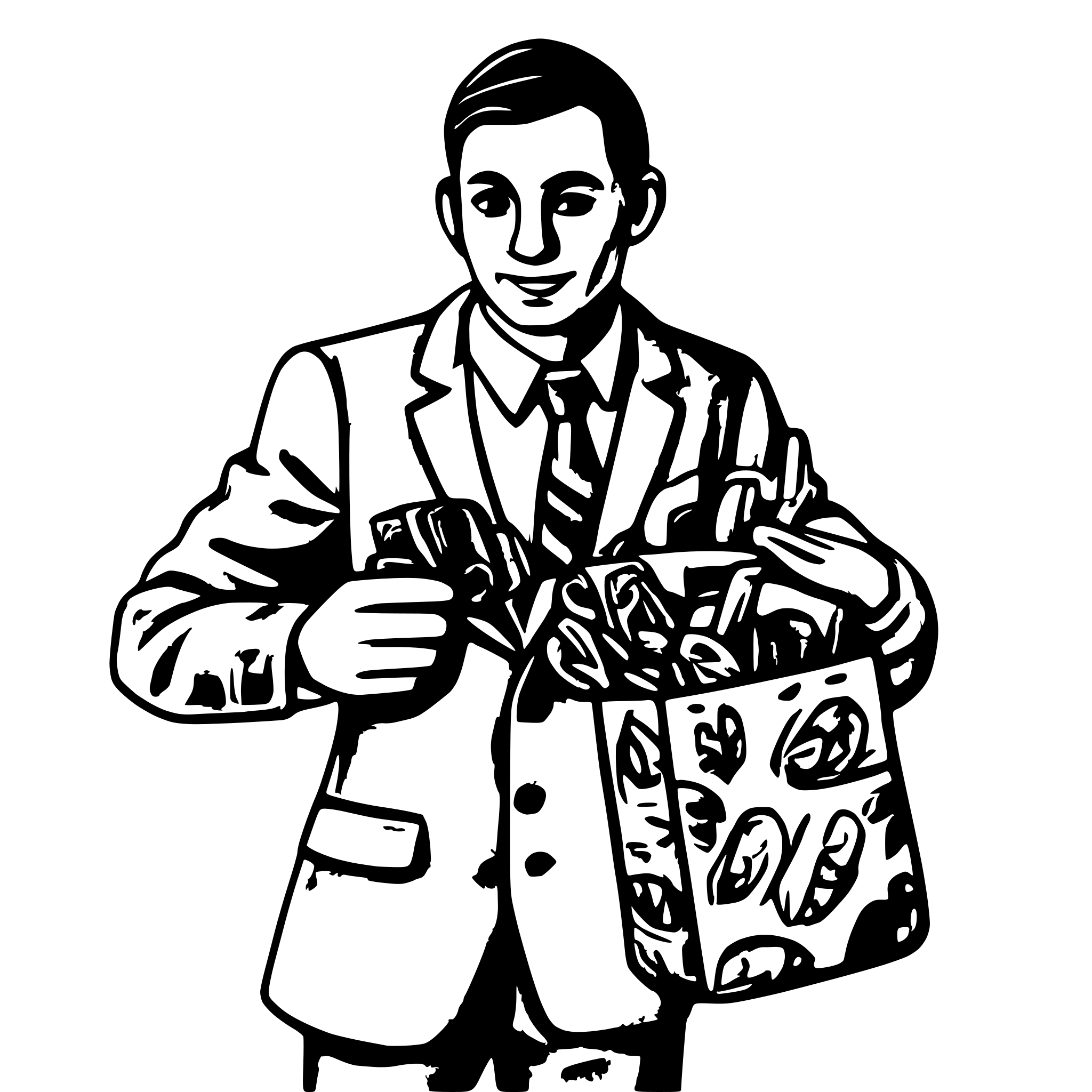 AI-generated SVG of a A man in a tweed suit runs, clutching a bag of coins in both hands and pressing it to his chest. The coins themselves are not visible. AI-generated SVG of a A man in a tweed suit runs, clutching a bag of coins in both hands and pressing it to his chest. The coins themselves are not visible.