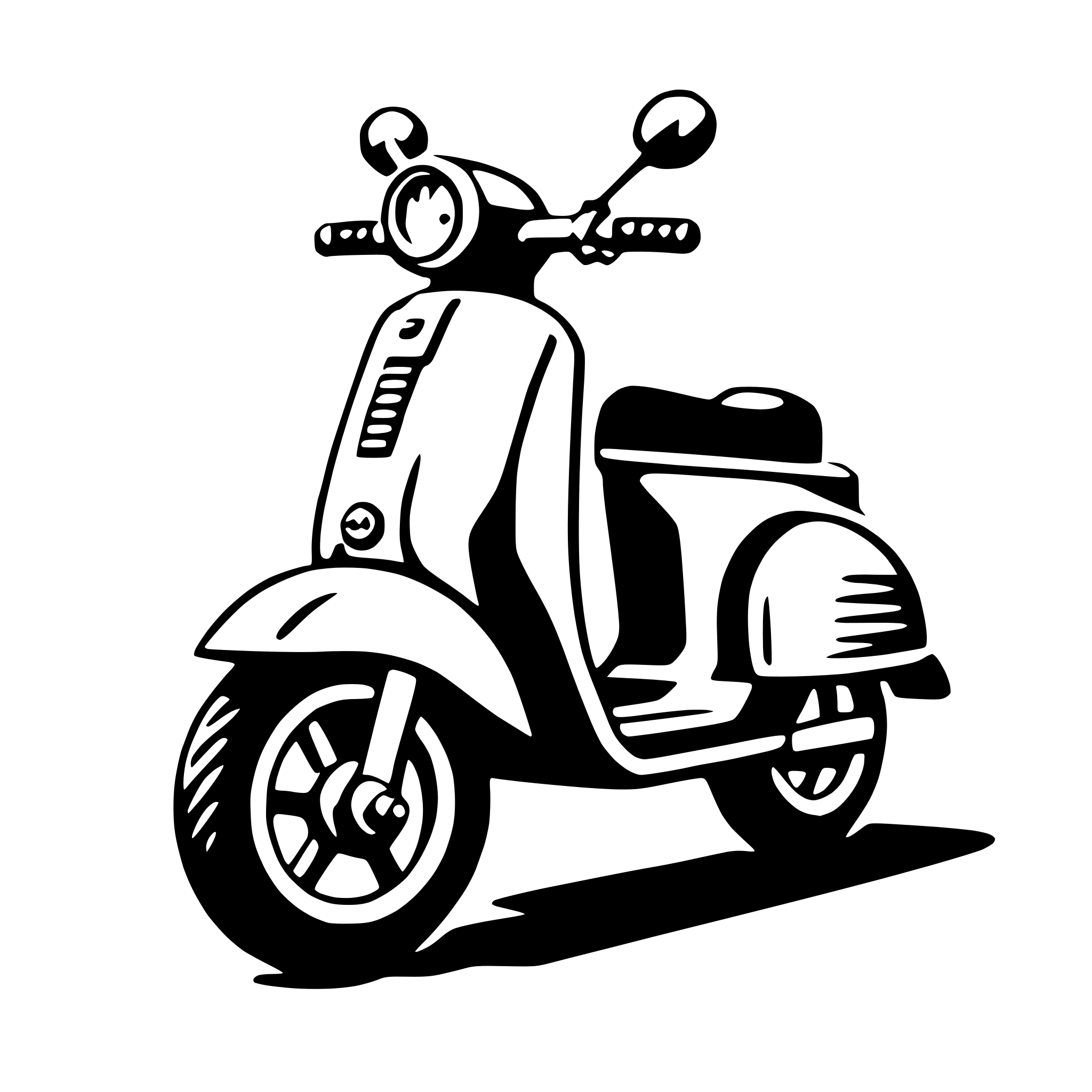 The SVG depicts a stylized, black and white illustration of a moped. The moped has a prominent front wheel, a smaller rear wheel, and a seat for one rider. It features a small headlight, a pair of round mirrors, and a simple, curved handlebar. The moped is positioned at an angle, suggesting motion, and it casts a shadow on the ground, indicating a light source from the upper left side of the SVG. The design is minimalistic, with no additional textures or details beyond the basic shapes and lines. 